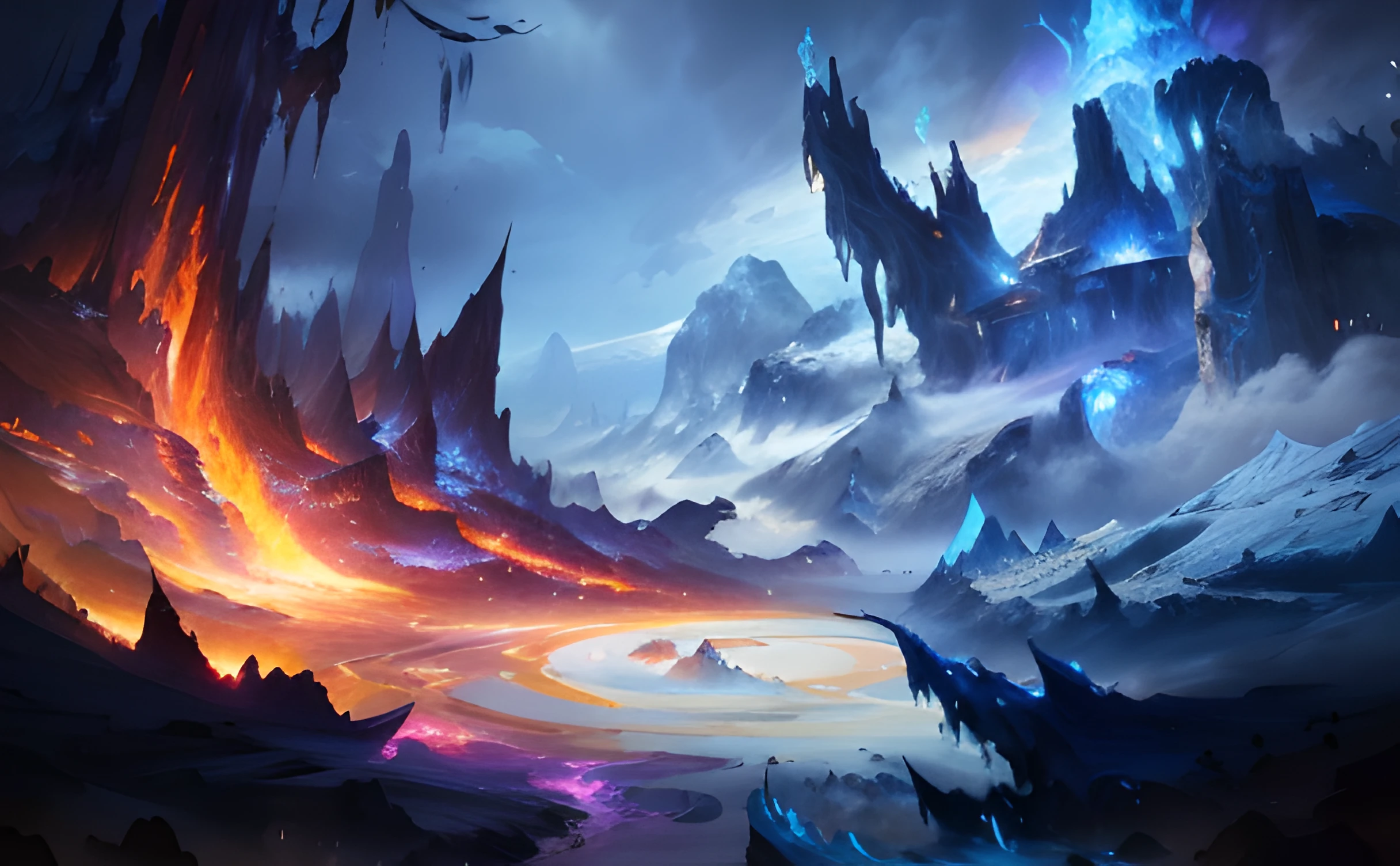 arafed view of a mountain with a spiral of lava and lava, matte painting arcane dota pixar, dota! matte painting concept art, concept arts. epic landscape, Ice and fire, game art matte painting, epic fantasy game art, dota matte painting concept art, fire and ice, Epic fantasy digital art style, epic fantasy digital art, Fantasy art Behance