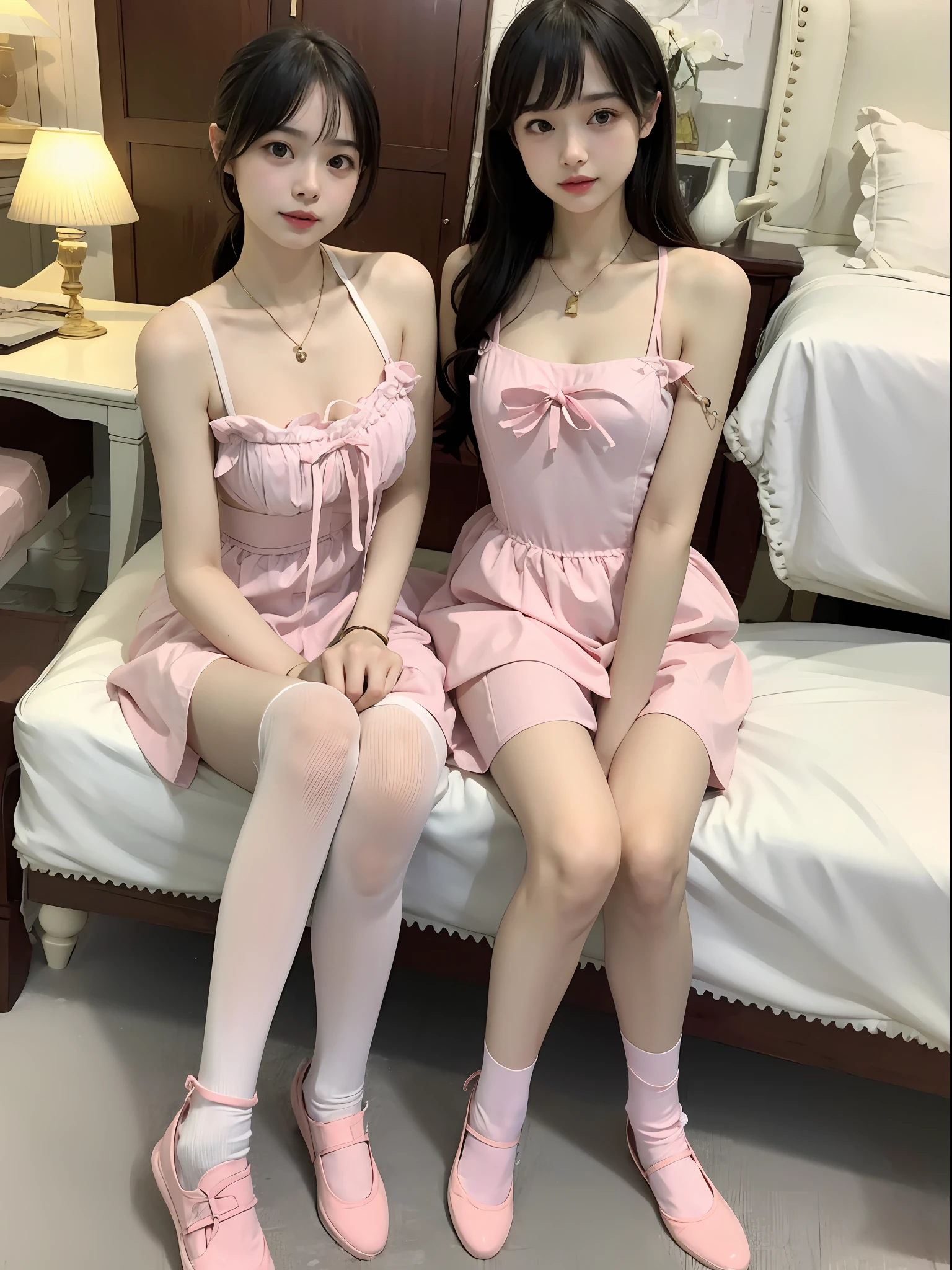 (8K,best qulaity,masterspiece:1.2),(Lifelike,Lifelike,photo-realistic:1.37),1girls,hyperdetails,beautiful details eyes,Beautiful detail nose,(((1girls))),Lolita dress,Full body photo,Night,Bed room,lamplight,Hair fluttering in the wind,Open lips,footwear,sockes,Sitting,Thin leg,Flawless long legs
