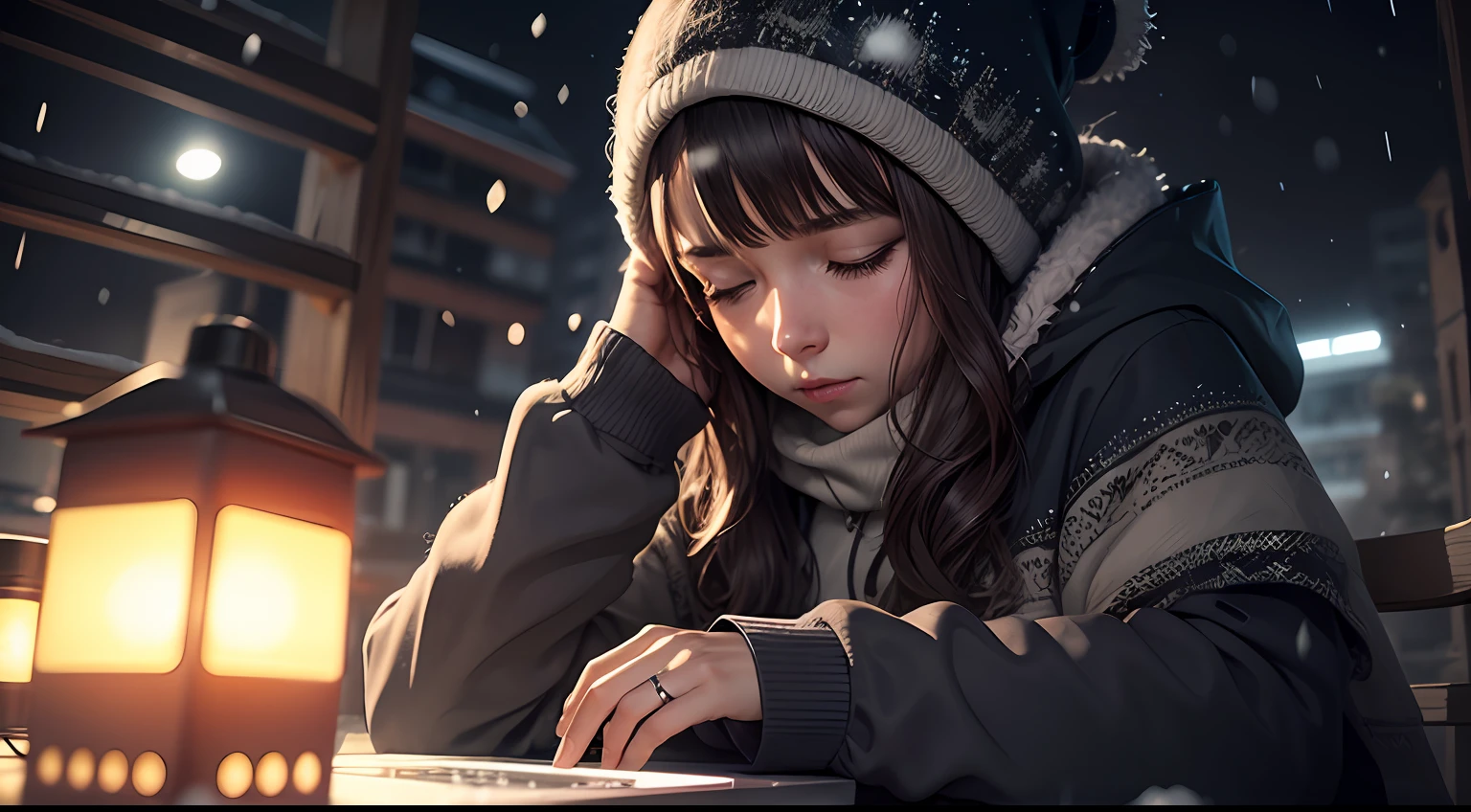 coding at night, tired, snowing, high details, 4k