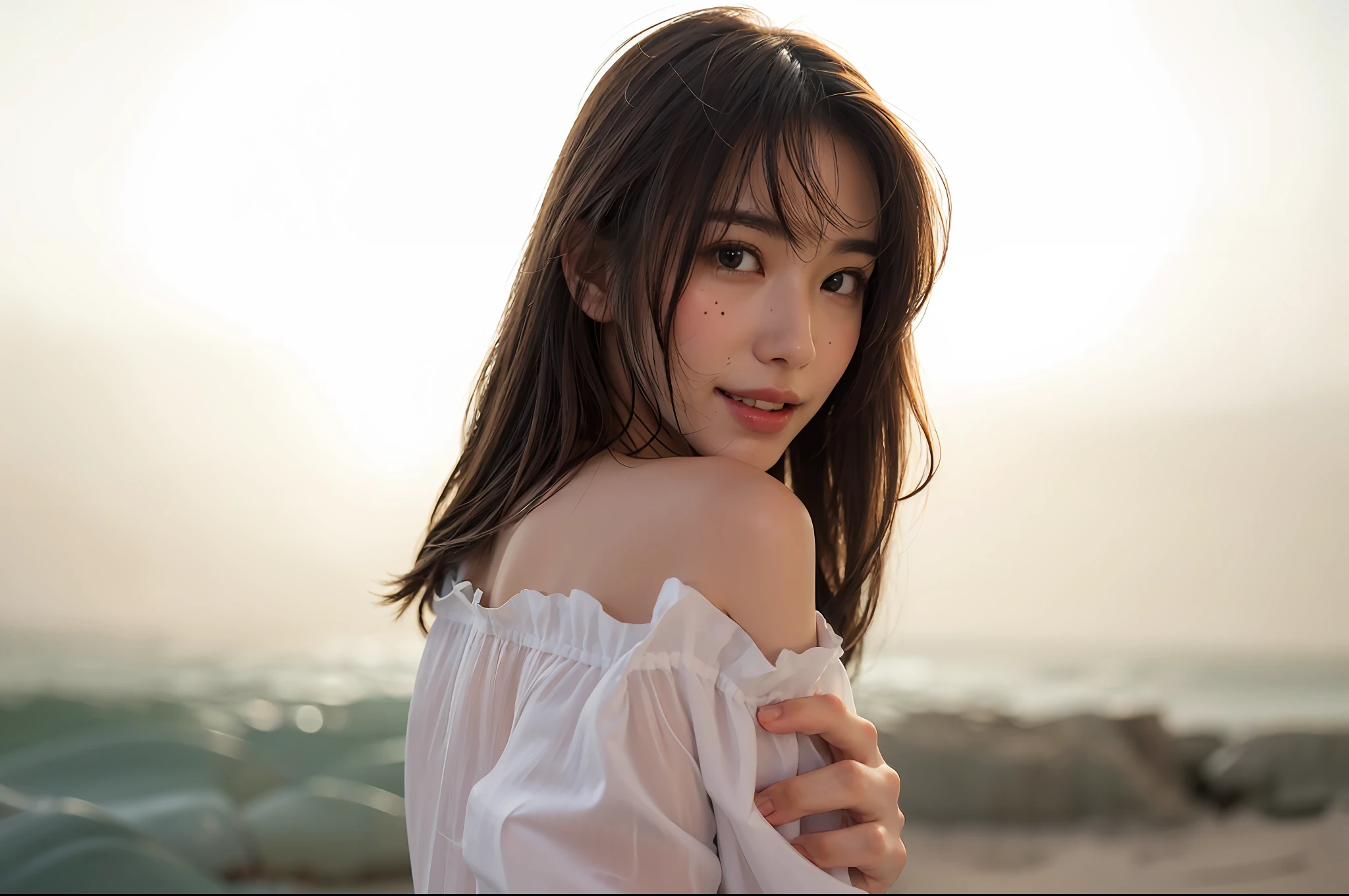 ((masterpiece, top quality, high definition)), 1 girl, (photorealistic: 1.4), solo, white background, snow-white background, mouth closed, happy smile, happy smile, pretty black hair, short hair, big eyes, clear double eyelids, eyelashes, ears out, long neck, long neck, absolute area, ((face close-up)), (drawing all head, shoulders), 19 years old, Attractive proportions, shiny skin, clean collarbone, golden ratio face, perfect face, teardrop mole, mole on chest, bangs, clean bangs, lip gloss, thin lips, pale skin, naked, big breasts, small face, small face, draw all head, draw all shoulders