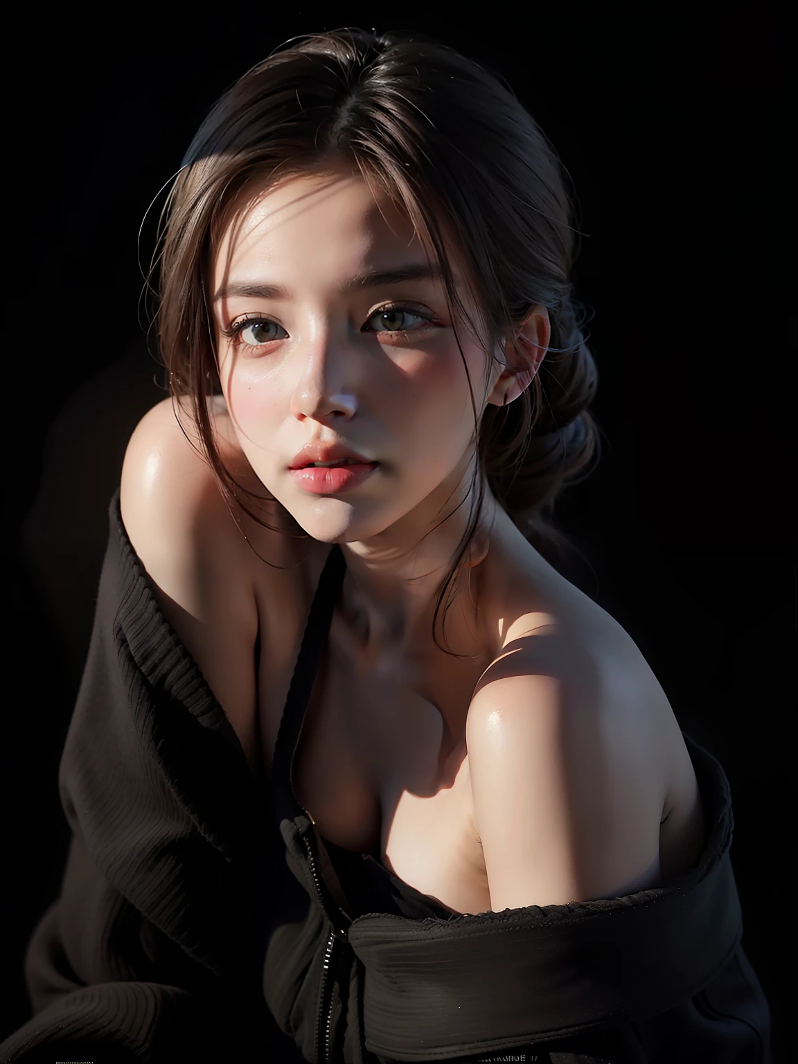 Best quality, masterpiece, ultra high res, (photorealistic:1.4), raw photo, 1girl, offshoulder, in the dark, deep shadow, low key, cold light