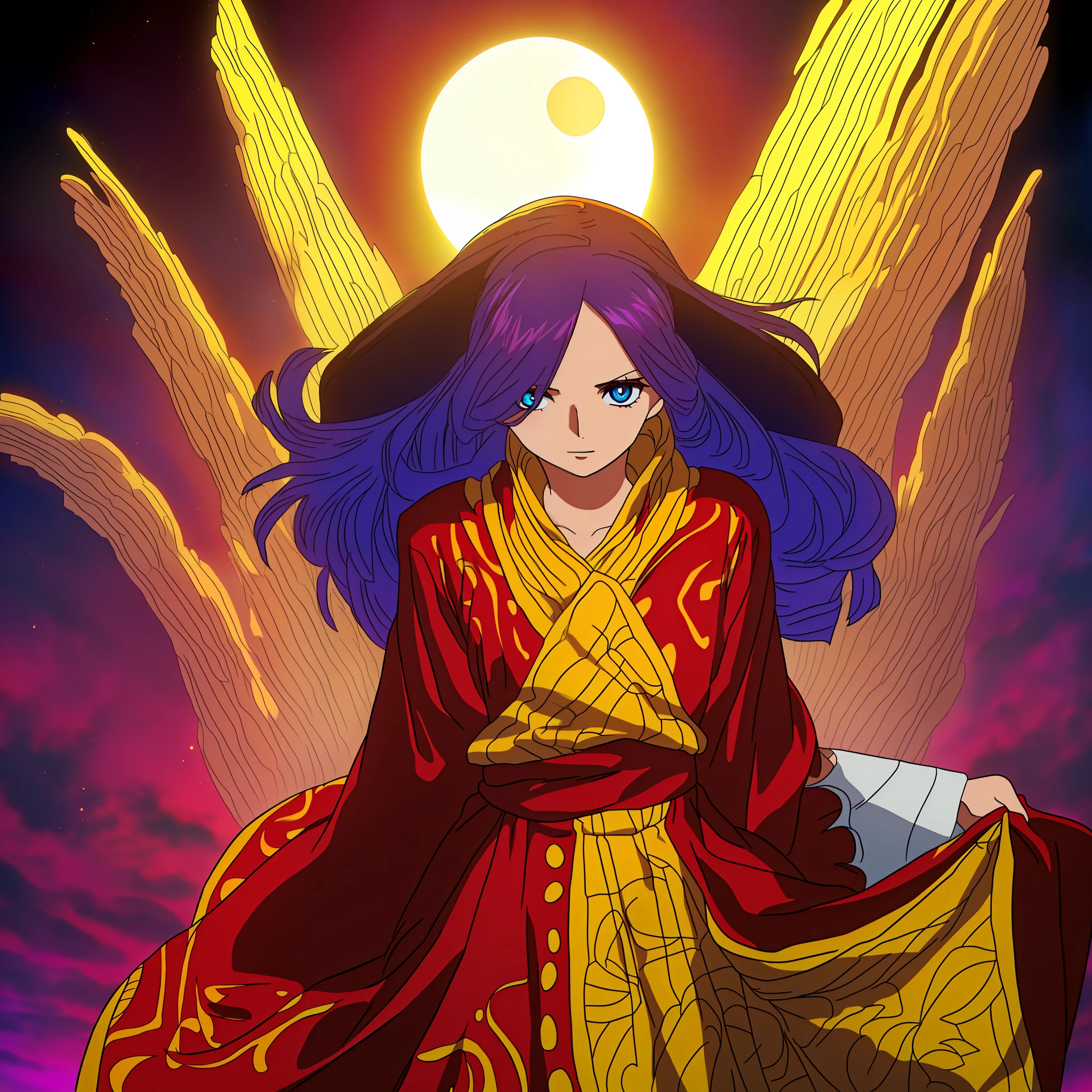 Mulher alta e magra, corpo perfeito, cintura fina, red irises, olhos cansados, olhos frios, rosto perfeito, olhar superidade, cabelos ondulados, cabelos ondulados longos negros, cabelo pretos ondulados, rosto perfeito, roupa superior colada, roupa aberta peito e barriga, roupa fixa, ornament on the arms, rings, Golden cloths with ornamental pattern at the waist, cores complementares, high pattern ornamnetado long skirt, fundo eclipse, perfect illumination.