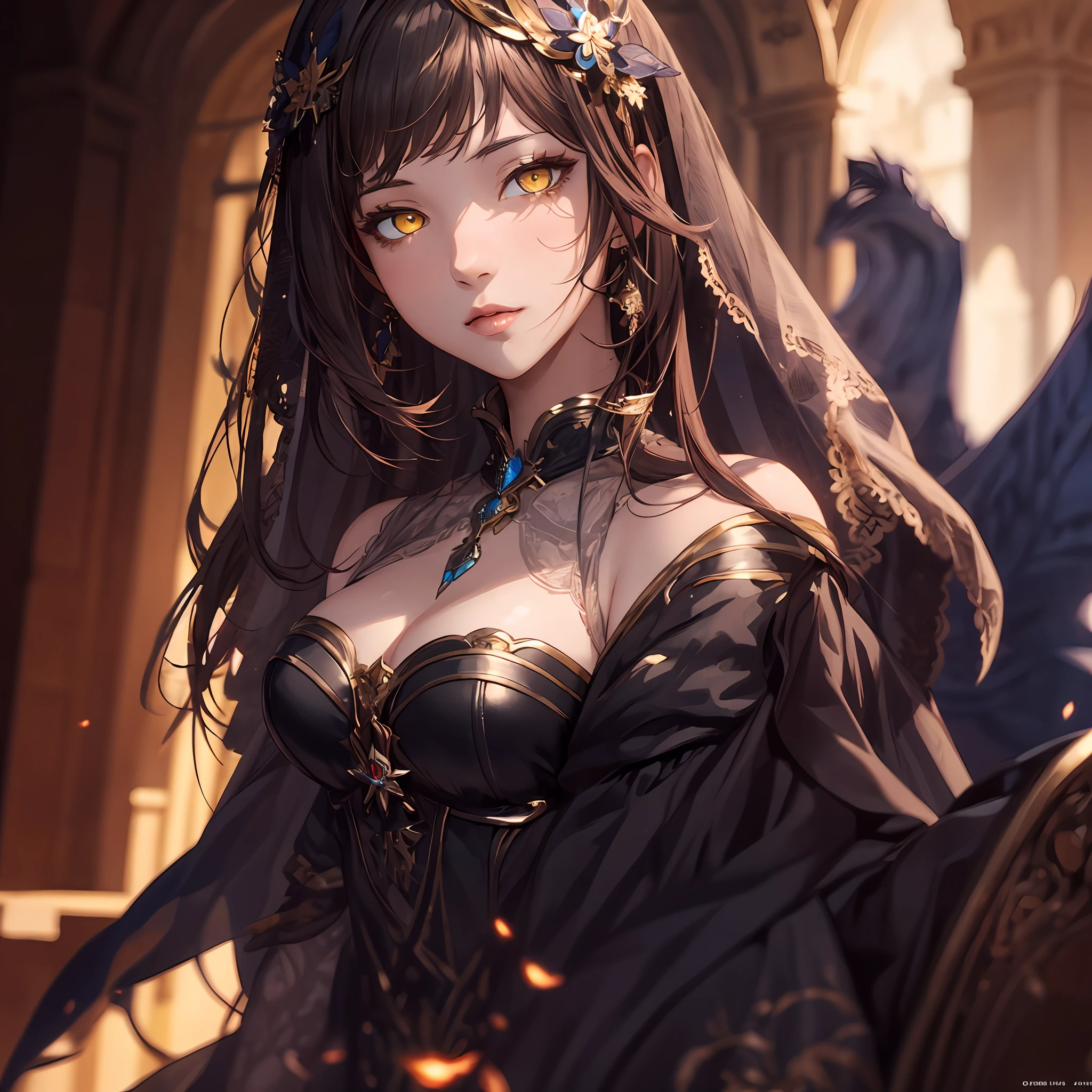 highly detailed, masterpiece, black masterpiece, best quality, 1woman, adult, female focus, solo, short brunette hair, vibrant yellow eyes, looking at viewer, closed mouth, bangs, high collar,(kbxll:0.6), Fantasy aesthetics, Highly detailed, shadowverse style, full body, sorceress, veil