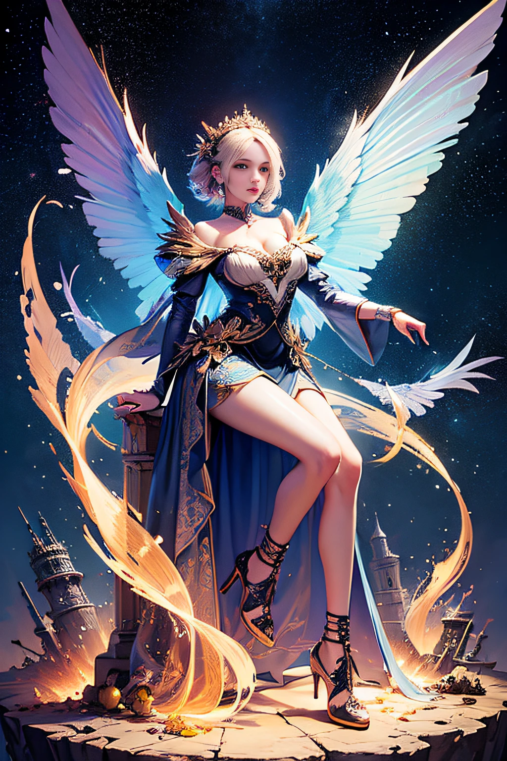 a girl,full full body,a stunning interpretation of nike high heel shoe sneaker, made of jellyfish, advertsiement, solarpunk, highly detailed and intricate, Golden ratio, Very Colorful, hypermaximalist, gorgeou, Luxury, Gorgeous crystal palace, CG rendering European style, Overlooking, fairy tale, rose surround, lighting effect, Heavenly, Starry sky, Super detail, illustration, 4K, Unreal Engine, ethereal cloud, HD..