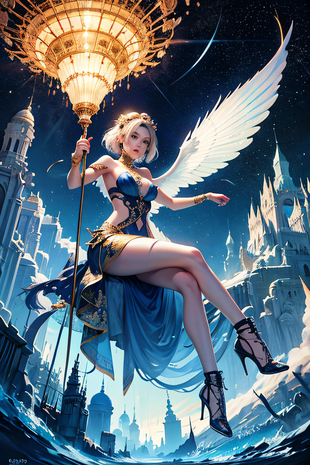 a  girl，full full body，a stunning interpretation of nike high heel shoe sneaker, made of jellyfish, advertsiement, solarpunk, highly detailed and intricate, Golden ratio, Very Colorful, hypermaximalist, gorgeou, Luxury, Gorgeous crystal palace, CG rendering European style, Overlooking, fairy tale, rose surround, lighting effect, Heavenly, Starry sky, Super detail, illustration, 4K, Unreal Engine, ethereal cloud, HD..
