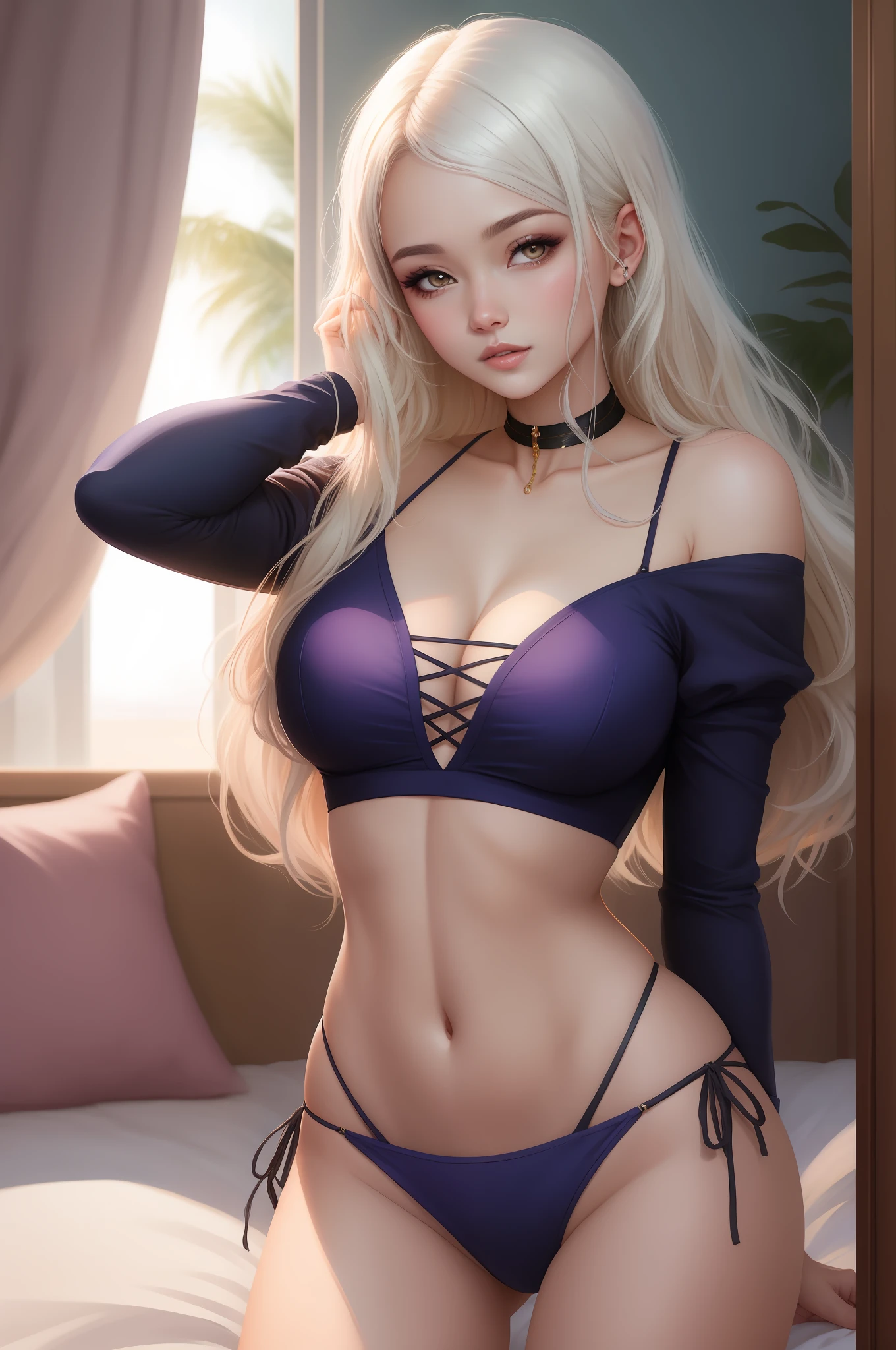 mulher loira com cabelos brancos e biquini posando sentada na cama em seu quarto a noite, de bunda bem empinada, roupa de praia, stringbikini, de cabelos brancos perfeitos, meninaabelos brancos, arte no estilo de guweiz, no estilo de ross tran, deviantart artstation cgscosiety, bela arte digital, garota anime sedutora, flowing white hair, estilo artgerm, inspirado em Ross Tran, quarto a noite