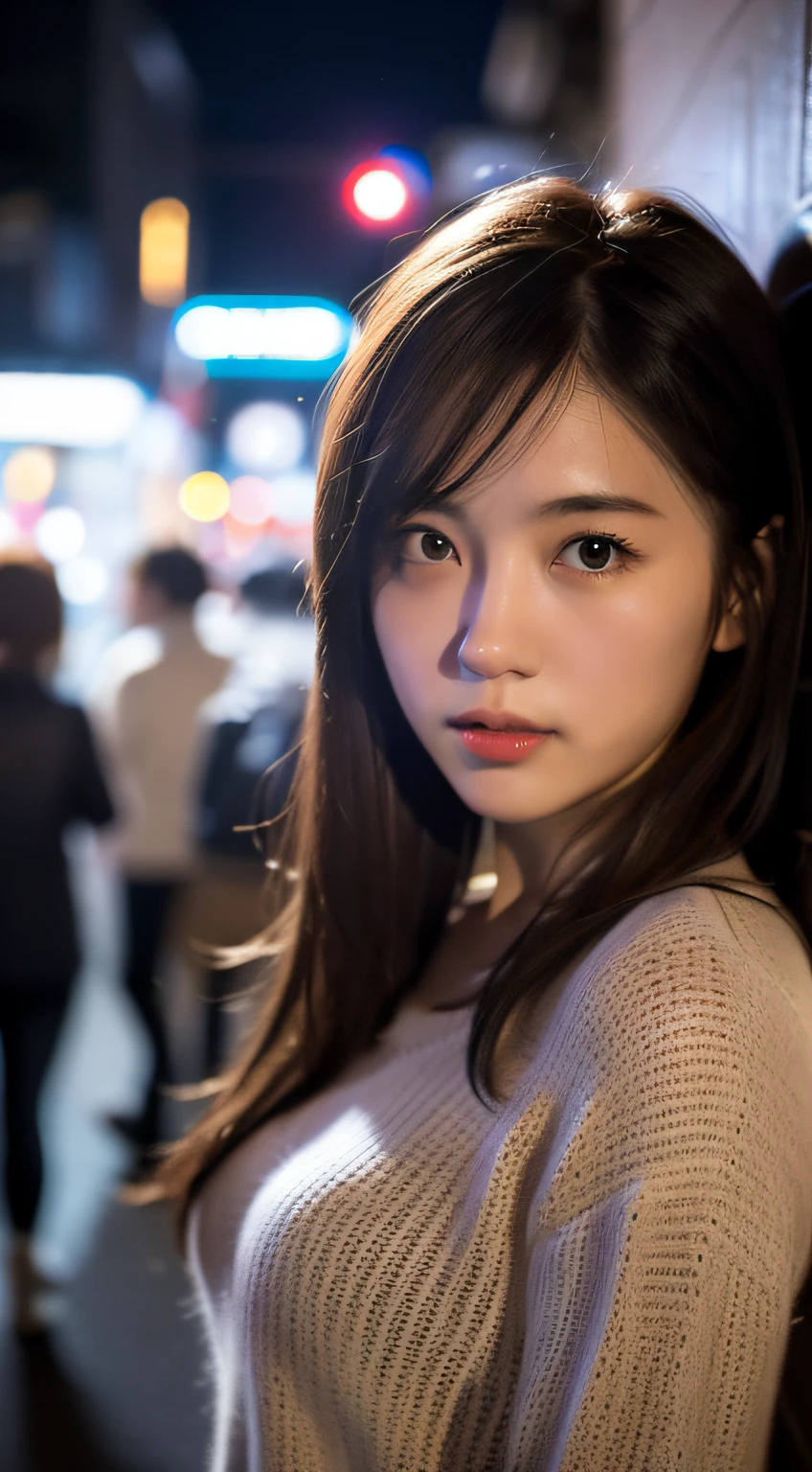 1girl, Tokyo street,night, cityscape,city lights, upper body,close-up, 8k, RAW photo, best quality, masterpiece,realistic, photo-realistic,