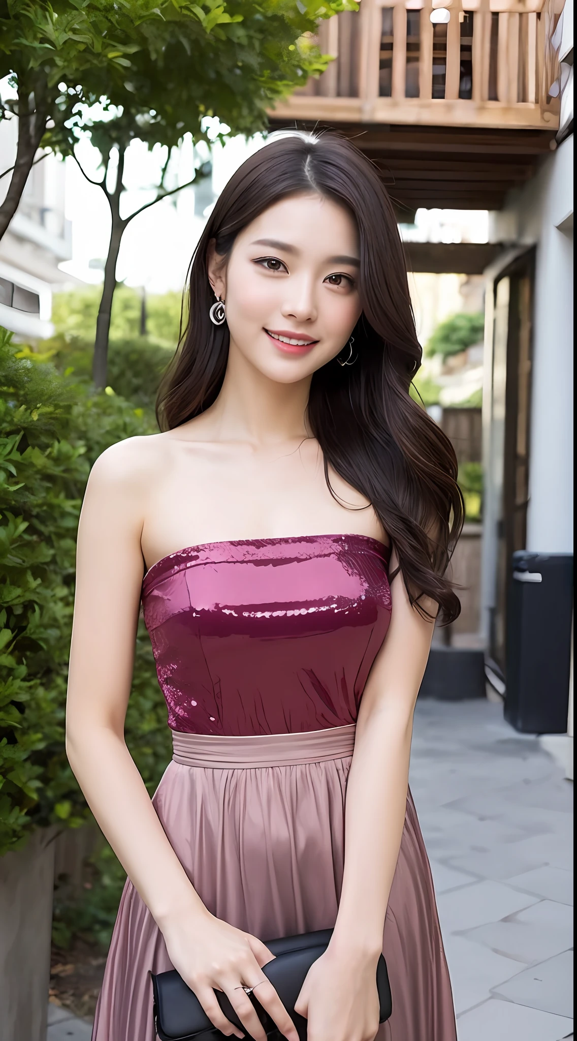 ((best qulaity,8k,杰作:1.3)), 1girls, Smile with, full full body, Slim Faces, Beautiful woman, (Dark brown hair), Full-length pink dress :1.1, Super detailed face, Detailed eyes, Double eyelid, blur backgroun, Slim Faces, jiji, al fresco,bar,