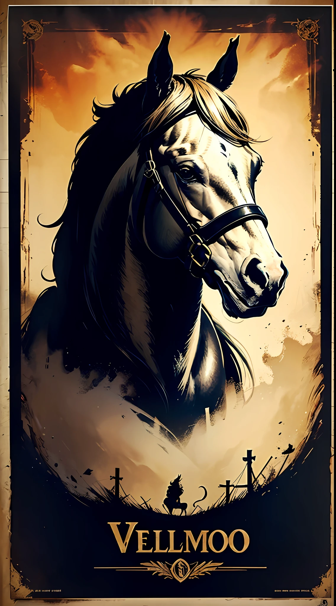 Logo on horse's head, silhuetas, Estilo Velho Oeste, moldura redonda, ornamental, Wordless poster, Grunge
