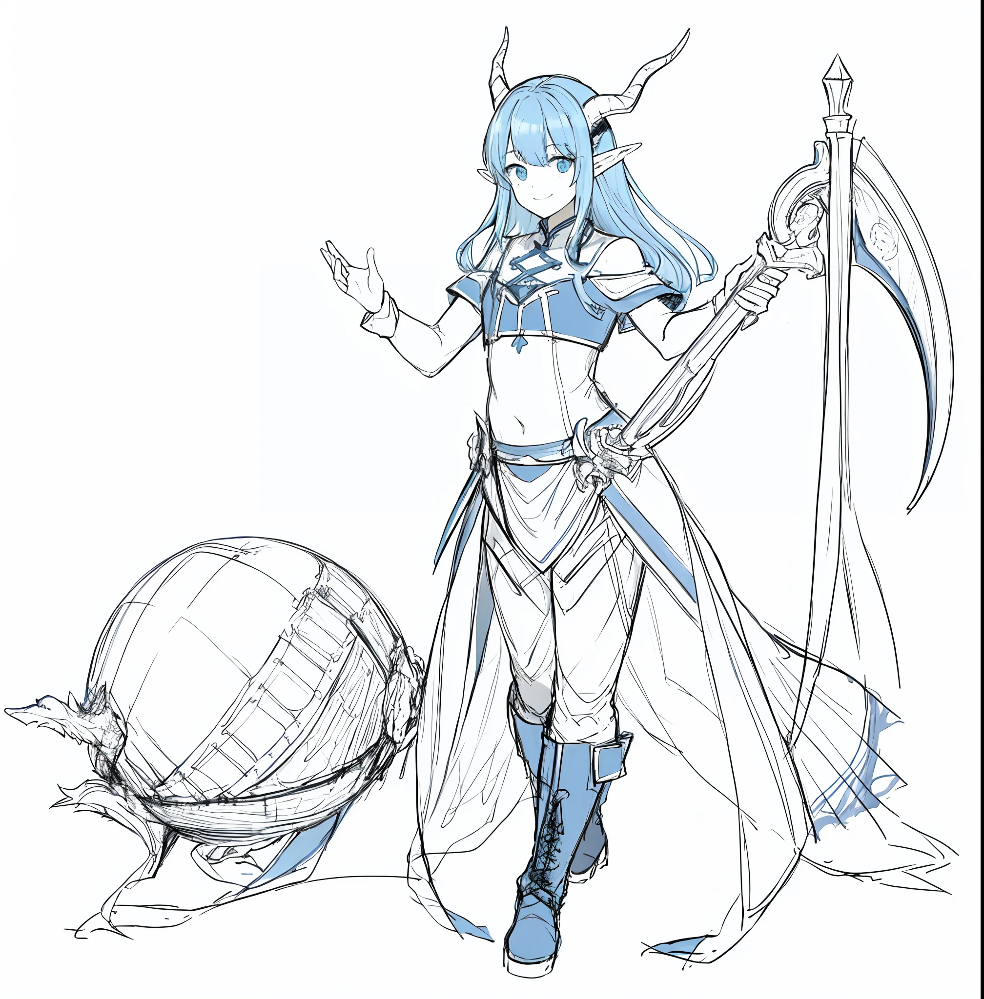 Full body image with feet,A girl with two dragon horns on her head stood there,Boots on his feet,A smile on his face,Happy expression,杰作, need, 1girls, Solo, Ancient bloating, Blue elf hair, simplebackground, White background, flat-colors, Line drawings, ((sketch))