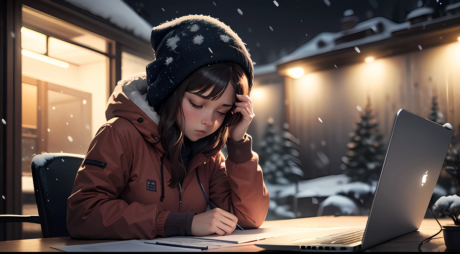 coding at night, tired, snowing, high details, 4k