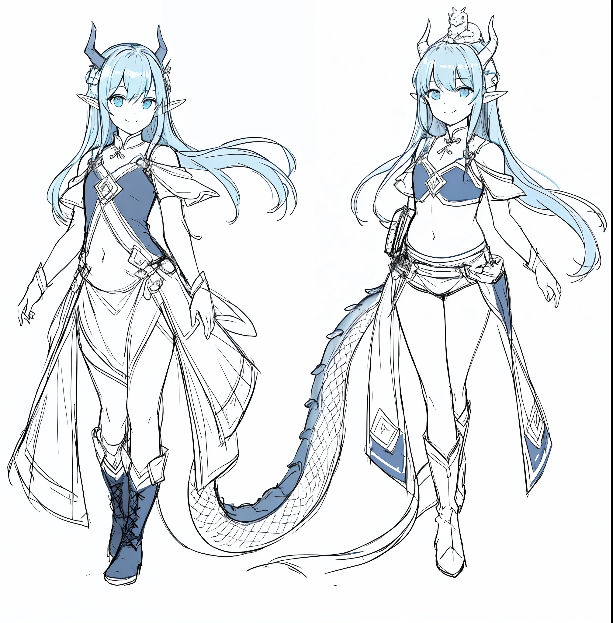 Full body image with feet,A girl with two dragon horns on her head stood there,Boots on his feet,A smile on his face,Happy expression,杰作, need, 1girls, Solo, Ancient bloating, Blue elf hair, simplebackground, White background, flat-colors, Line drawings, ((sketch))