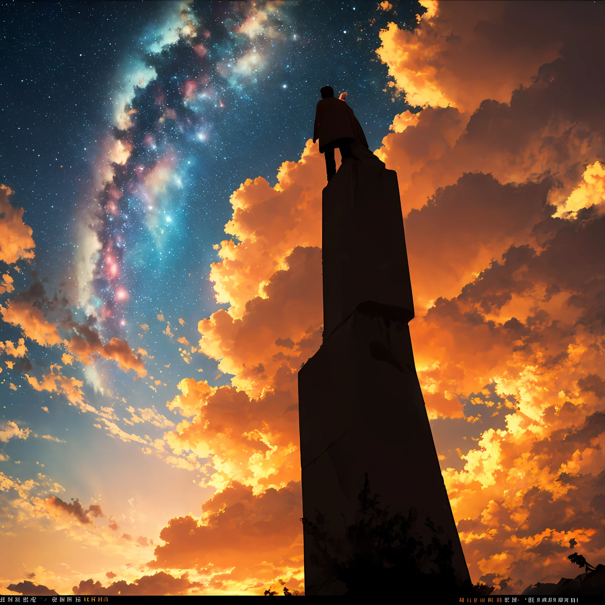 beautiful sunset with galaxies, a silhouette of a man in the distance. --auto