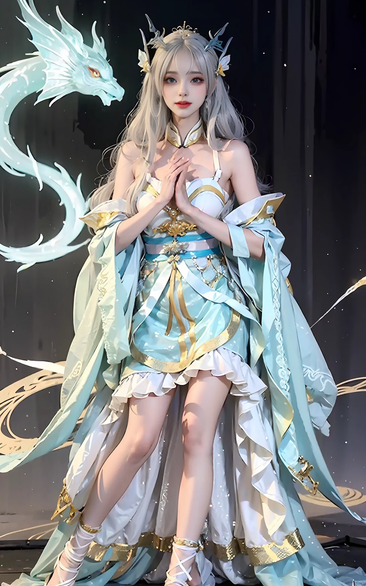 a close up of a woman in a costume on a stage, full body xianxia, beautiful celestial mage, a stunning young ethereal figure, a beautiful fantasy empress, astral witch clothes, sha xi, flowing magical robe, white hanfu, xianxia fantasy, belle delphine, ethereal fantasy, elegant glamourous cosplay, heise jinyao