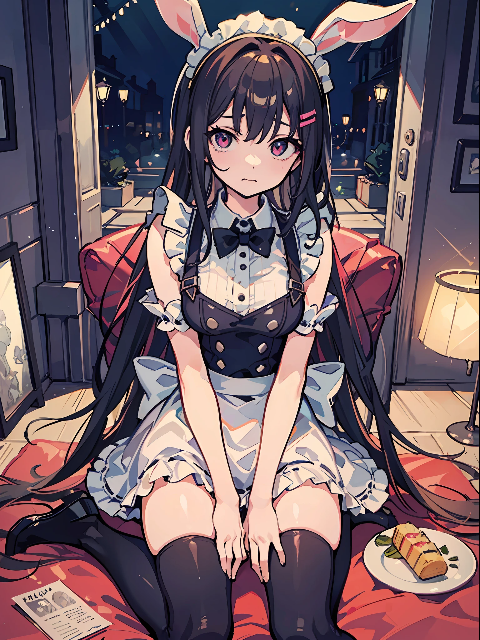 This illustration shows a girl sitting on the floor，She transforms into the image of a bunny girl，The illustration presents a very detailed cover art effect。The scene is depicted very delicately。She is dressed in a role-play costume in a maid costume，The whole gives a sense of innocence，There is a love motif in the picture，The overall picture has a jagged edge effect，Taken together，This illustration creates a naïve scene，Featuring the image of a bunny girl，And mixed with elements of Lovecraft， Embarrassing face　Embarrassed cheeks turning red　Startled　surprise