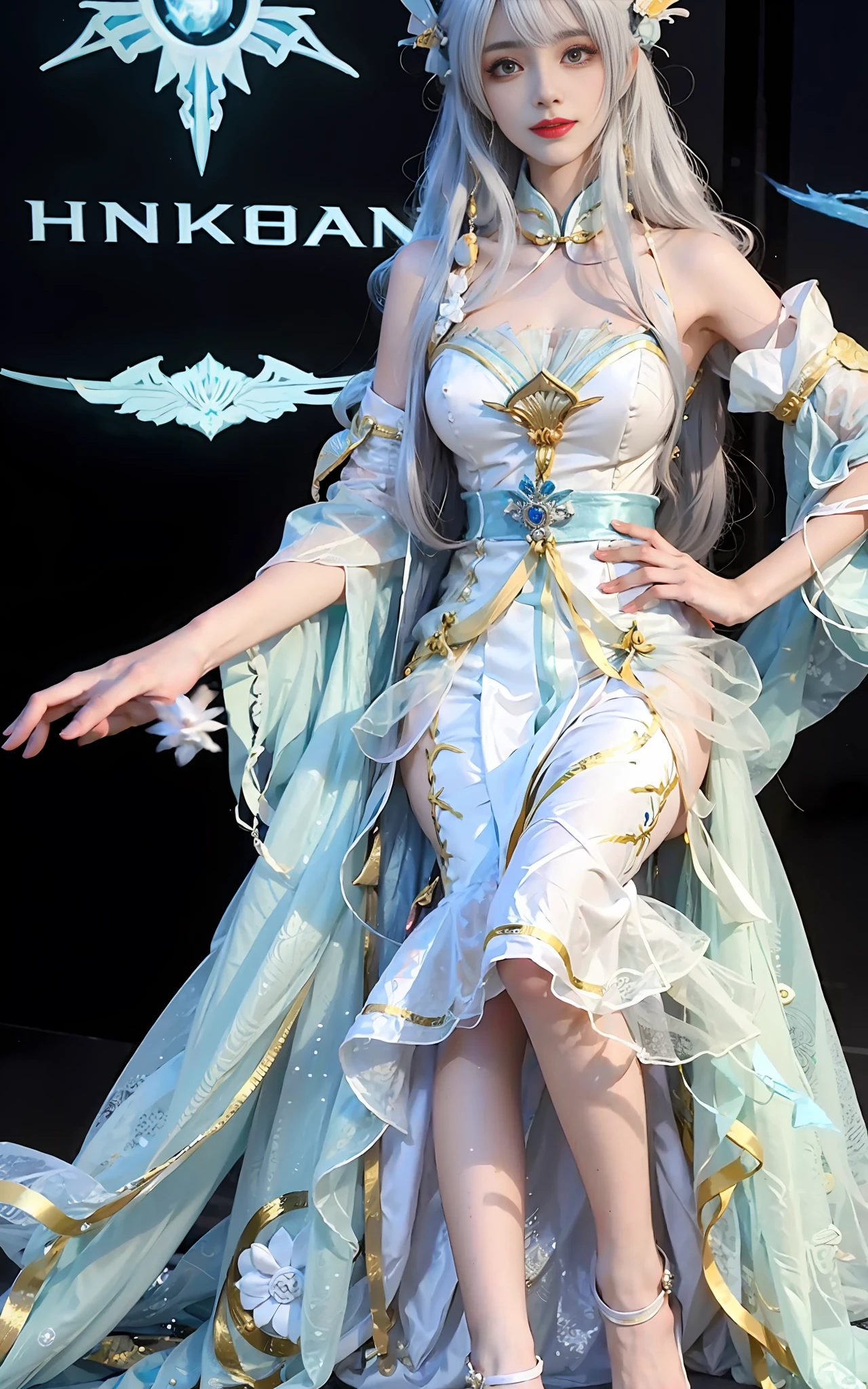 a close up of a woman in a costume on a stage, full body xianxia, beautiful celestial mage, a stunning young ethereal figure, a beautiful fantasy empress, astral witch clothes, sha xi, flowing magical robe, white hanfu, xianxia fantasy, belle delphine, ethereal fantasy, elegant glamourous cosplay, heise jinyao