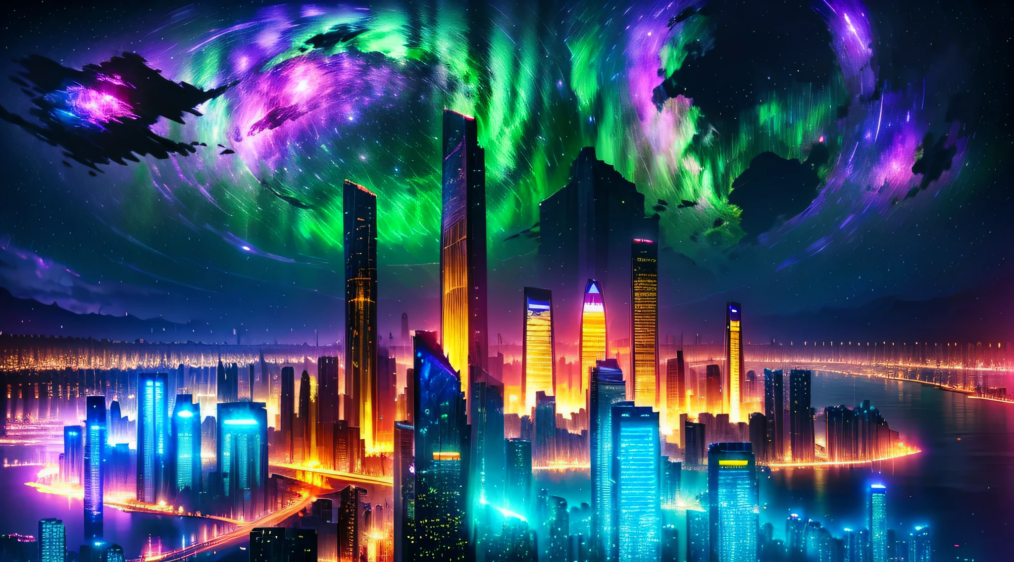 (deep in the night, deep in the night, deep in the night) I see a beautiful, detailed 8k artwork with a sugary pink crystal city, sparkling gold, and a fairytale landscape against a magical night sky.8k,((huge full city)),(space city),(nothern lights,detailed),((high quality))
