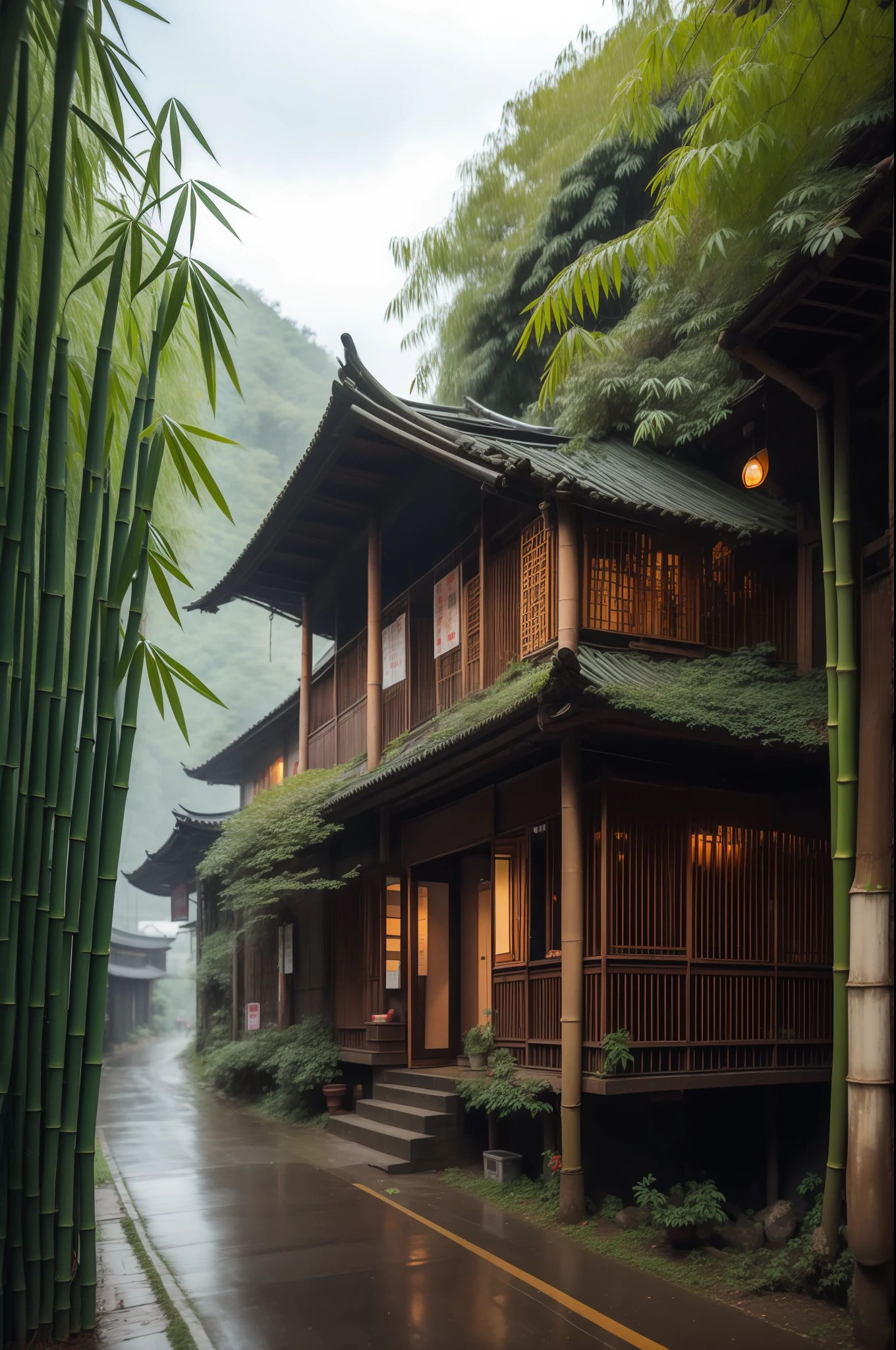 Gangnam style building,The background is in a bamboo forest,Rainy climate,desks,Some tea sets were placed on the table,looking outside --ar 2:3 --v 5.1