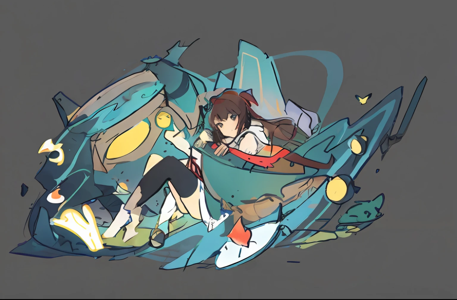 anime - style illustration of a woman in a boat with a giant fish, author：New Art, Kantai collection style, by Kamagurka, insect trainer girl, [ conceptual art ]!!, cushart kenz, Game art!!, zerochan art, senna from league of legends, author：Shitao, pokemon anime style