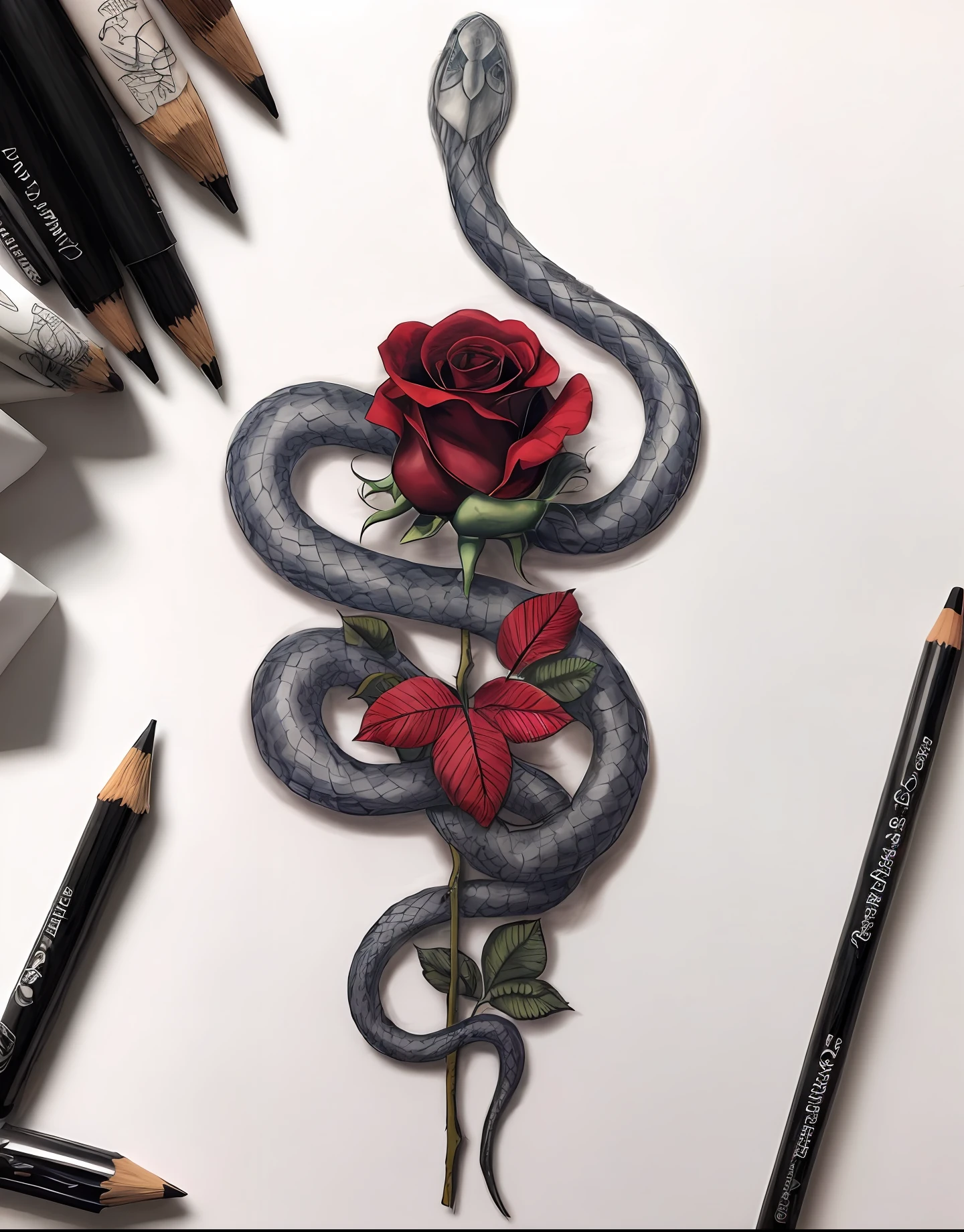 um desenho de uma cobra e rosa , tattoo design sketch, design de tatuagem conceitual, Cobra sombreada,((cobra preta e cinza)) altos detalhes, escamas detalhadas, design de tatuagem, tattoo sketch,(((red rose monochromatic leaves))) medium sized tattoo sketch, tattoo sketches, tatuagens de desenho de linha, design sublime, mas intrincado, arte da cobra, Design 3D para tatuagem, chapinhar, Rejection tonality, detalhado, breathtaking rendering, but rough, sketch tattoo