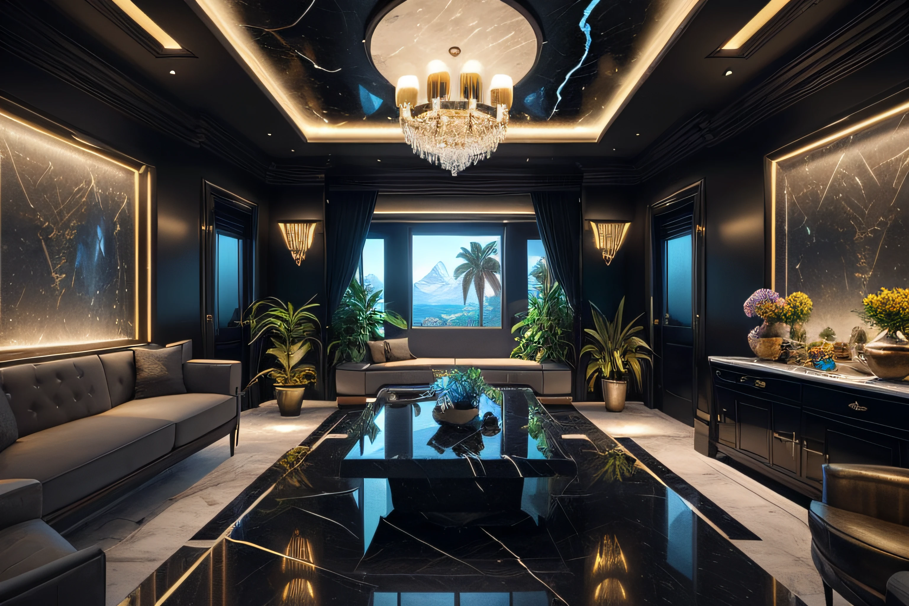 incredible black luxurious futuristic interior in Ancient Egyptian style with many (((lush plants, gorgeous flowers))) (lotus flowers), ((palm trees)), rocky walls, ((sand)), ((waterfalls)) (marble), ((precious minerals)), ((metals)), (gemstones), crystals, clouds and (water), crocodiles, (hieroglyphics), (((ultra luxury))), (black marble) – with ((beautiful lights)), Unreal Engine, HQ, 16k, 8k