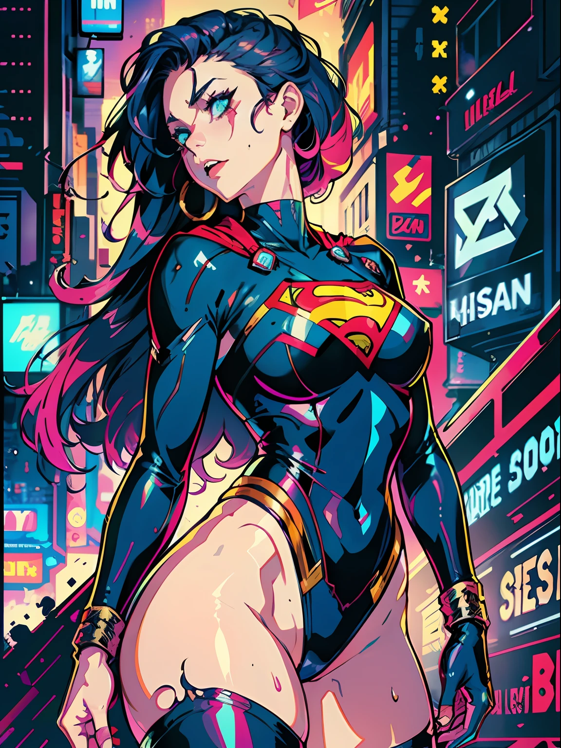 a digital painting of supergirl merging with venom, long hair, cyberpunk art by Josan Gonzalez, winner of the behance contest, afrofuturism, synthwave, neon, shiny neon, thick thighs, thin waist, sensual, nsfw, little clothing, erotic art, anime, torn battle clothes, extremely sexualized, sweaty body, NSFW, big breasts, big ass, HD, 8k, High quality, details, perfect body, Highlight the body, detail on the perfect face, detail in the background