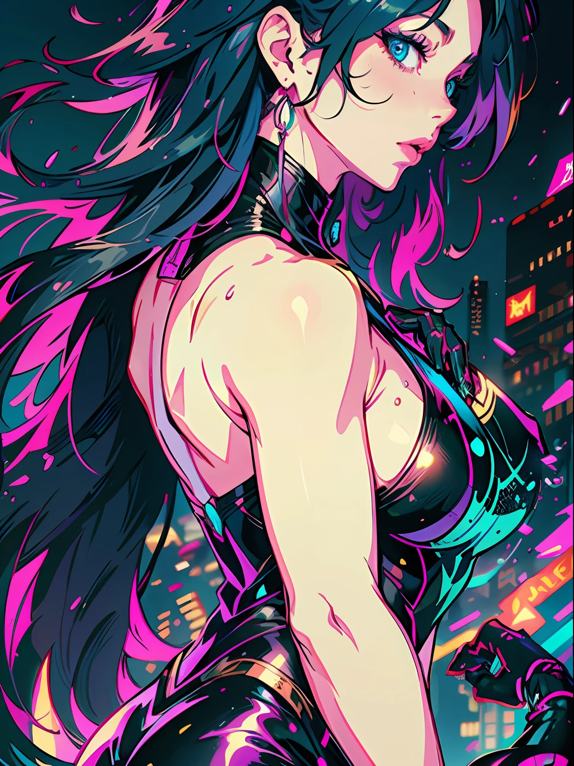 a digital painting of supergirl merging with venom, long hair, cyberpunk art by Josan Gonzalez, winner of the behance contest, afrofuturism, synthwave, neon, shiny neon, thick thighs, thin waist, sensual, nsfw, little clothing, erotic art, anime, torn battle clothes, extremely sexualized, sweaty body, NSFW, big breasts, big ass, HD, 8k, High quality, details, perfect body, Highlight the body, detail on the perfect face, detail in the background