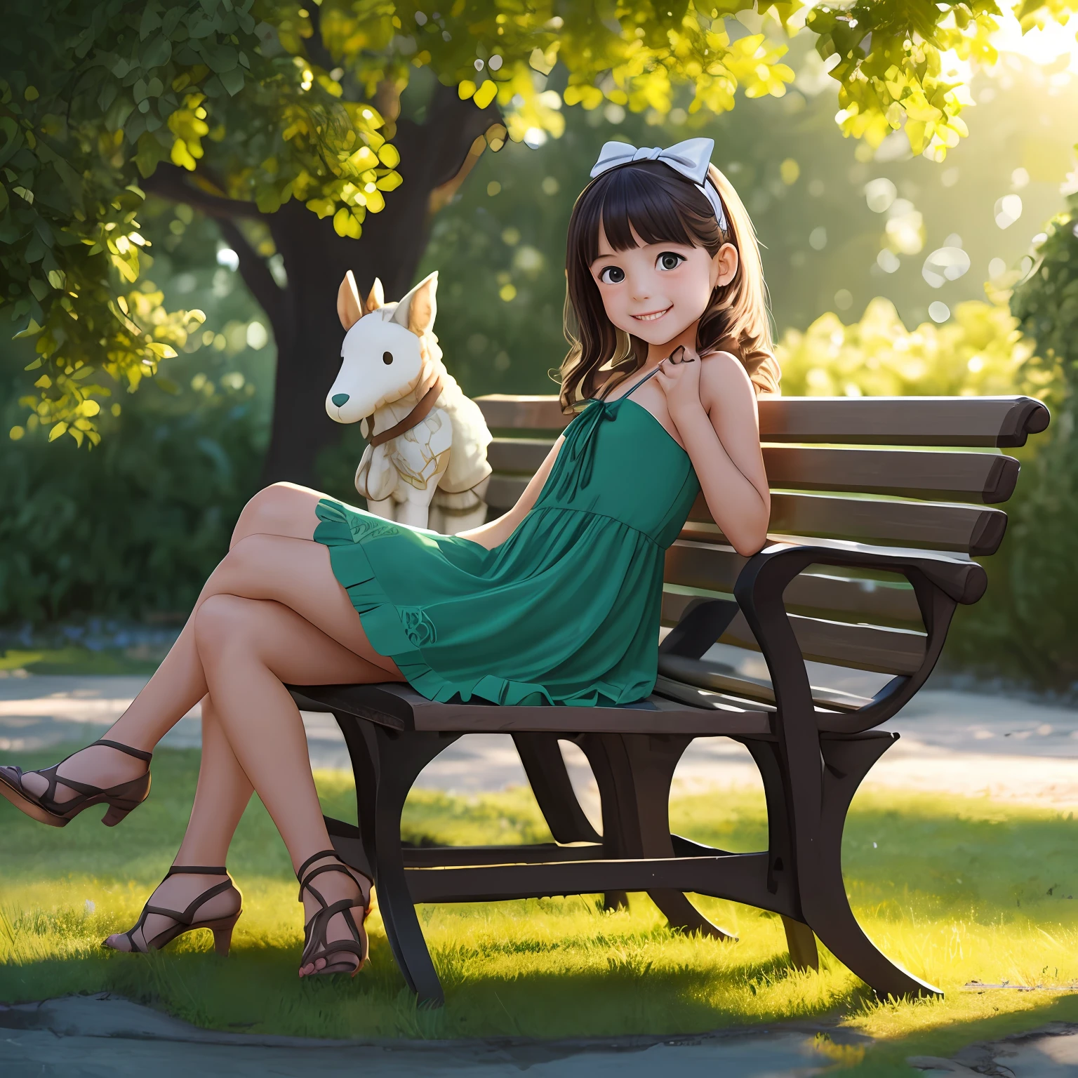 A stunningly realistic image depicting a young girl sitting on a park bench, surrounded by her favorite toys. The girl has a contagious smile, her bright eyes sparkling with joy as she interacts with her toys. She is wearing a colorful dress, and her hair is styled with a cute ribbon. The park environment is filled with lush green trees, blooming flowers, and a gentle breeze. The lighting is soft, casting warm sunlight on the scene, creating a serene and inviting atmosphere. The photorealistic style captures every intricate detail, from the textures of the toys to the subtle play of light and shadow. --ar 16:9 --auto