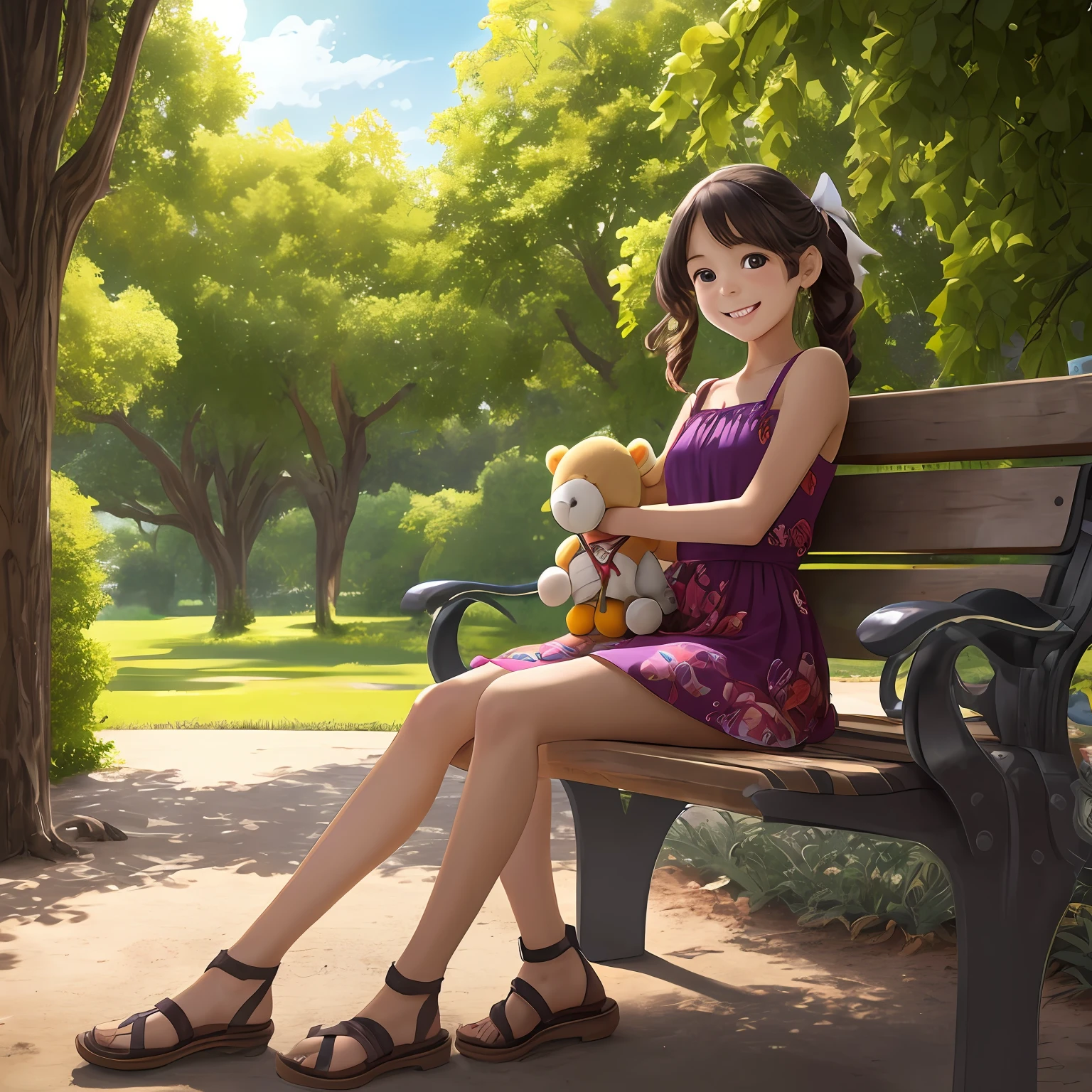 A stunningly realistic image depicting a young girl sitting on a park bench, surrounded by her favorite toys. The girl has a contagious smile, her bright eyes sparkling with joy as she interacts with her toys. She is wearing a colorful dress, and her hair is styled with a cute ribbon. The park environment is filled with lush green trees, blooming flowers, and a gentle breeze. The lighting is soft, casting warm sunlight on the scene, creating a serene and inviting atmosphere. The photorealistic style captures every intricate detail, from the textures of the toys to the subtle play of light and shadow. --ar 16:9 --auto