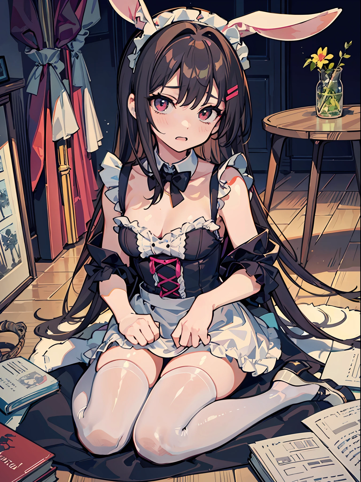 This illustration shows a girl sitting on the floor，She transforms into the image of a bunny girl，The illustration presents a very detailed cover art effect。The scene is depicted very delicately。She is dressed in a role-play costume in a maid costume，The whole gives a sense of innocence，There is a love motif in the picture，The overall picture has a jagged edge effect，Taken together，This illustration creates a naïve scene，Featuring the image of a bunny girl，And mixed with elements of Lovecraft， Embarrassing face　Embarrassed cheeks turning red　Startled　surprise