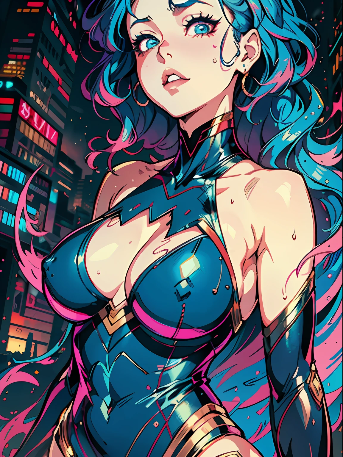 a digital painting of supergirl merging with venom, long hair, cyberpunk art by Josan Gonzalez, winner of the behance contest, afrofuturism, synthwave, neon, shiny neon, thick thighs, thin waist, sensual, nsfw, little clothing, erotic art, anime, torn battle clothes, extremely sexualized, sweaty body, NSFW, big breasts, big ass, HD, 8k, High quality, details, perfect body,  Highlight the body, detail on the perfect face, detail in the background