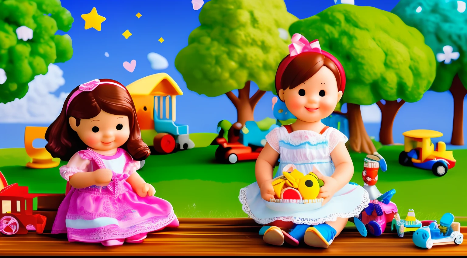 A stunningly realistic image depicting a young girl sitting on a park bench, surrounded by her favorite toys. The girl has a contagious smile, her bright eyes sparkling with joy as she interacts with her toys. She is wearing a colorful dress, and her hair is styled with a cute ribbon. The park environment is filled with lush green trees, blooming flowers, and a gentle breeze. The lighting is soft, casting warm sunlight on the scene, creating a serene and inviting atmosphere. The photorealistic style captures every intricate detail, from the textures of the toys to the subtle play of light and shadow. --ar 16:9 --auto
