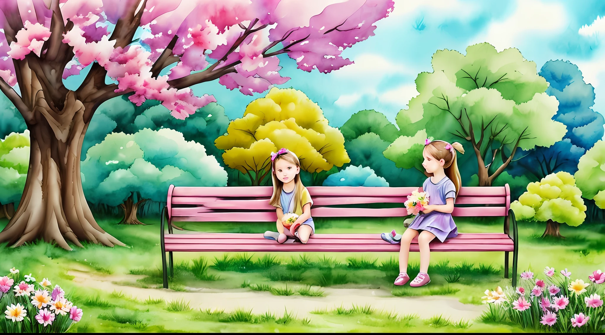 An artistic representation of a young girl immersed in a world of imagination and play. The scene takes place in a whimsical park with towering trees and vibrant, fantastical flowers. The girl is sitting on a colorful bench, surrounded by her beloved toys, which seem to come to life in her presence. The art style is a fusion of watercolor and digital illustration, with dreamlike brushstrokes and vibrant hues. The lighting is soft and dreamy, casting a magical glow on the scene. The overall atmosphere evokes a sense of wonder, capturing the essence of childhood innocence and imagination. --ar 16:9 --auto