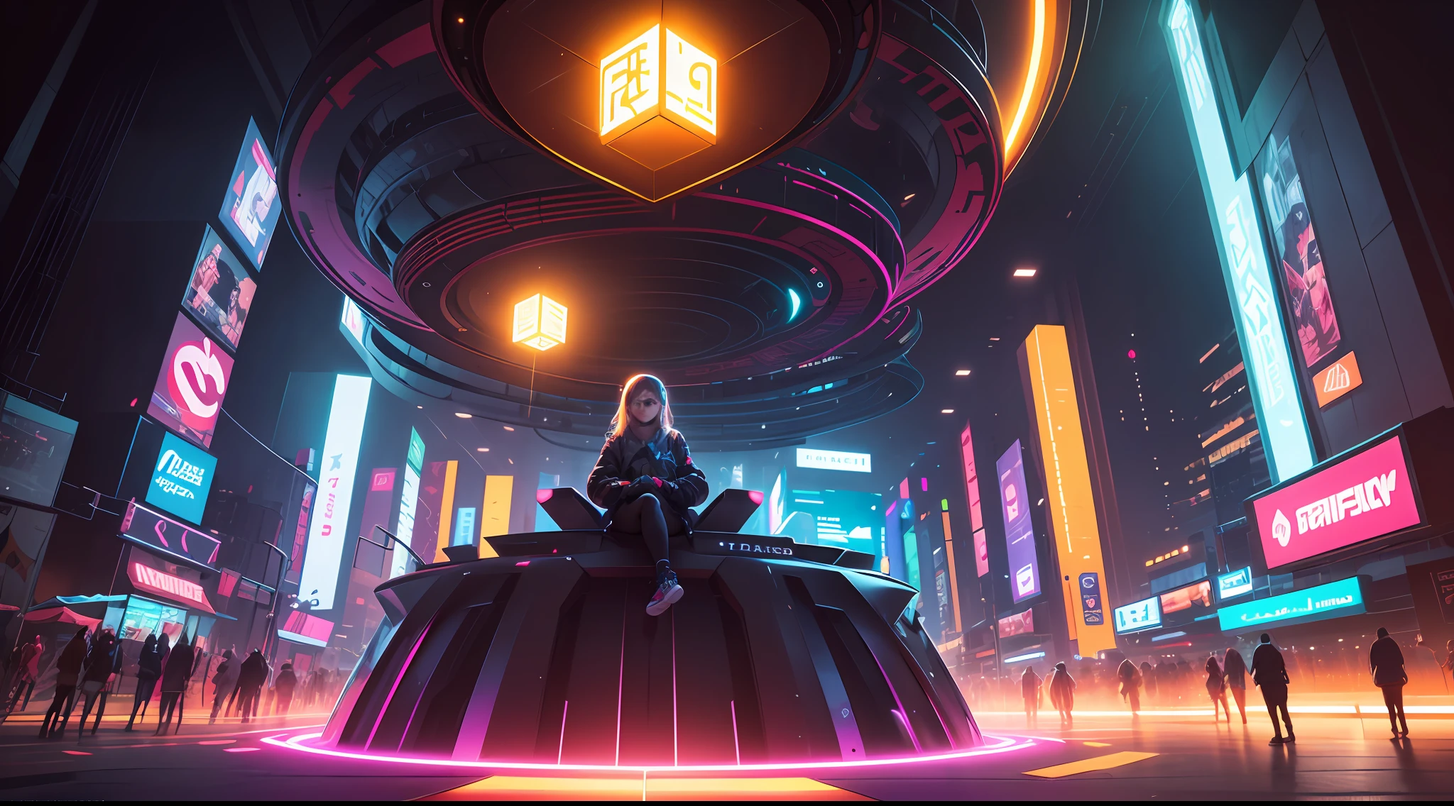 Dive into a digital art creation that brings a playful toy wonderland to life. The young girl is seated on a futuristic, neon-lit bench, surrounded by an array of colorful and interactive toys. The park environment is a blend of virtual and real elements, with floating geometric shapes and pixelated flora. The digital art style is characterized by vibrant, electric colors and crisp, sharp lines. The lighting is dynamic, with pulsating neon lights casting a futuristic glow. The atmosphere is lively and energetic, evoking a sense of fun and adventure. --ar 16:9 --auto