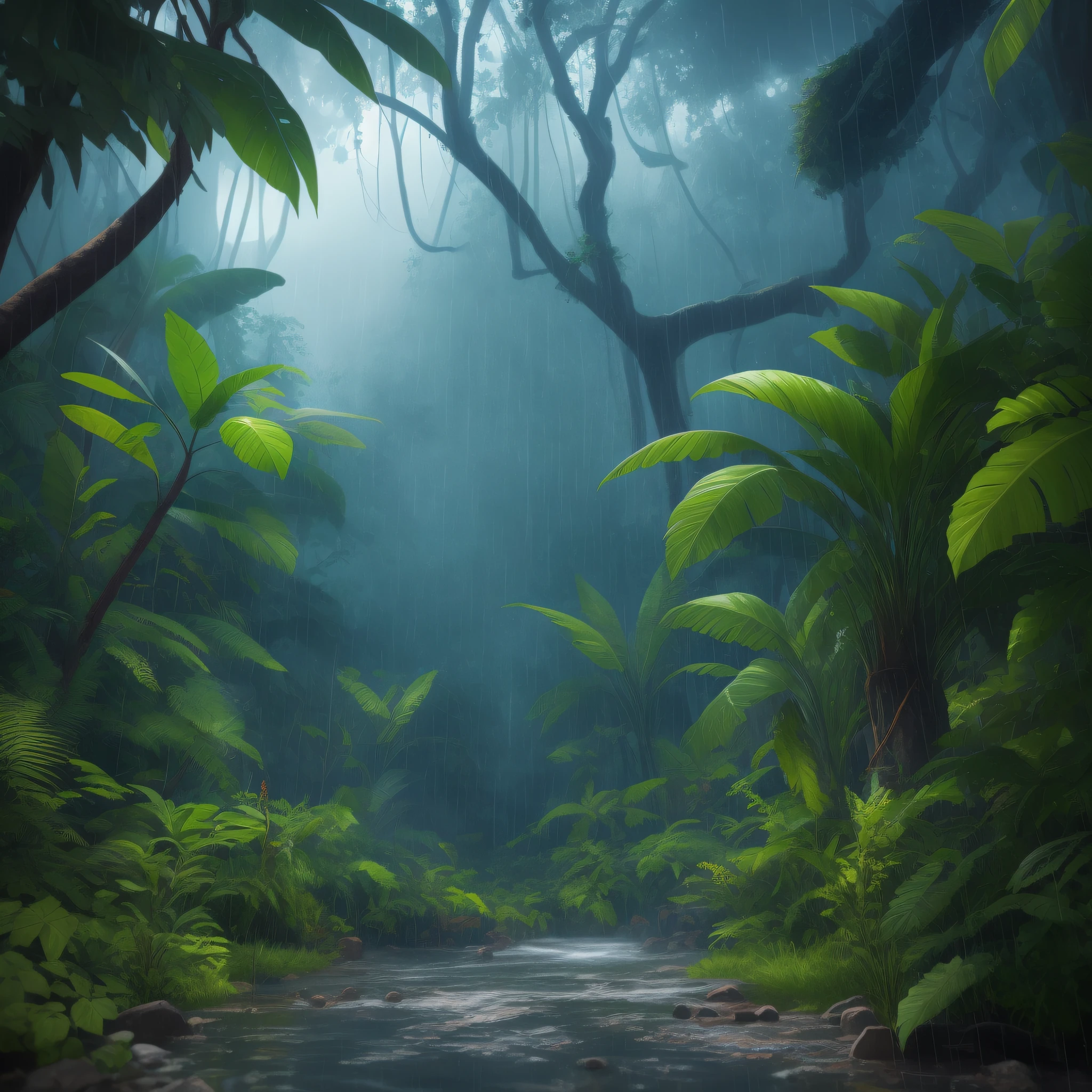 A jungle, with intense rainfall, monochromatic, vines all around, giant and wet trees, masterpiece, best quality, high quality, extremely detailed CG unity 8k wallpaper, oil paiting, award winning photography, Bokeh, Depth of Field, HDR, bloom, Chromatic Aberration ,Photorealistic,extremely detailed, trending on artstation, trending on CGsociety, Intricate, High Detail, dramatic, art by midjourney, volumetric lighting