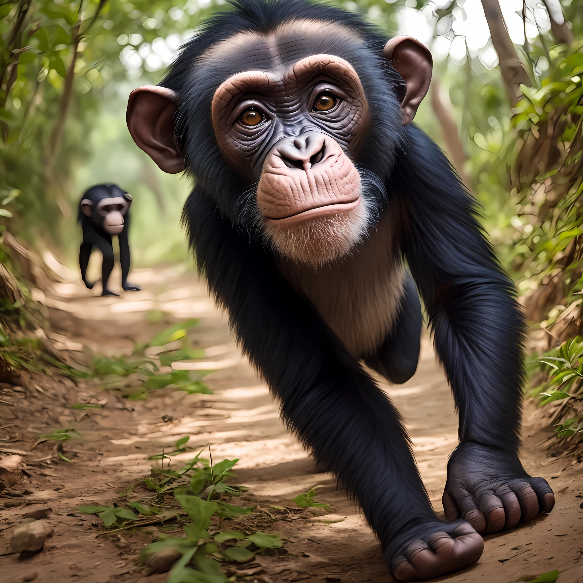 Realistic 4K photograph of a cub chimpanzee, tierno, caminando sobre unas acera con edificios altos a su alrededor. The camera's perspective is bottom-up, Camara Sony FX30 --auto
