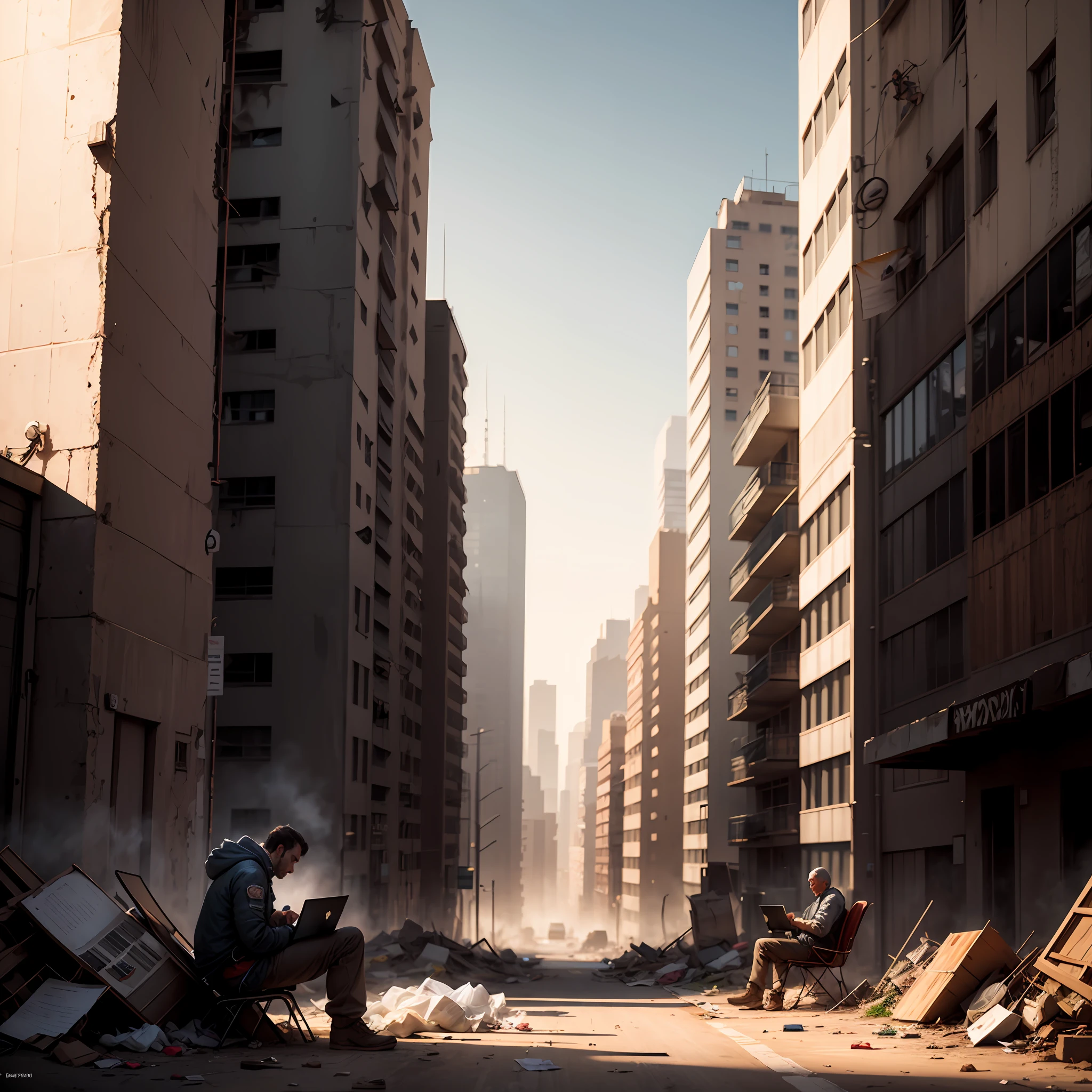 arafed man sitting in a chair in a pile of trash with a laptop, digital concept art of dystopian, in a post apocalyptic setting, matte painting portrait shot, 3 d render beeple, in a post-apocalyptic wasteland, 3 d render and matte painting, in a post apocalyptic city, cinematic beeple, matte painting of human mind, highly detailed, face detailed, photorealistic, 8k --auto