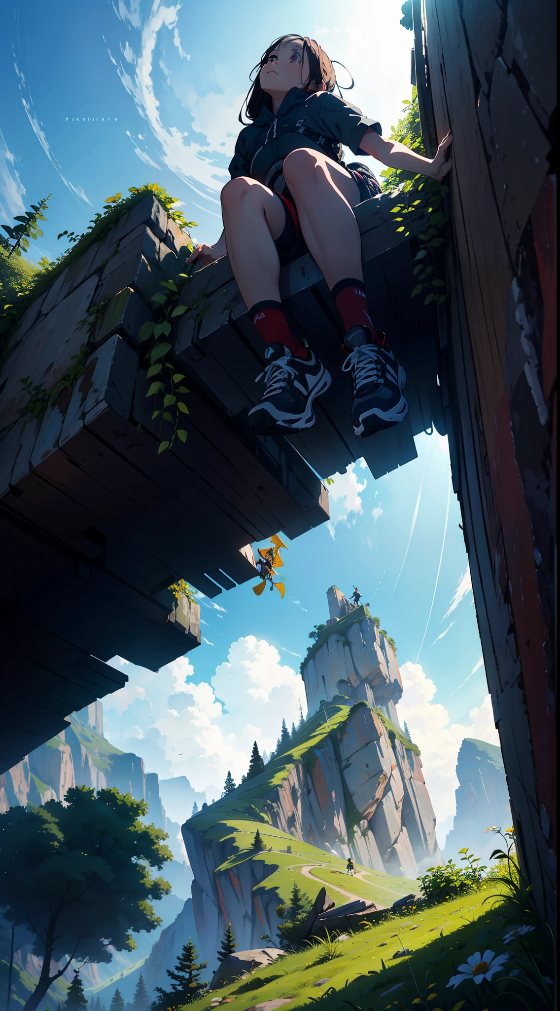 1 girl, climbing mountain, ((view from below looking up)), ((masterpiece)), light light