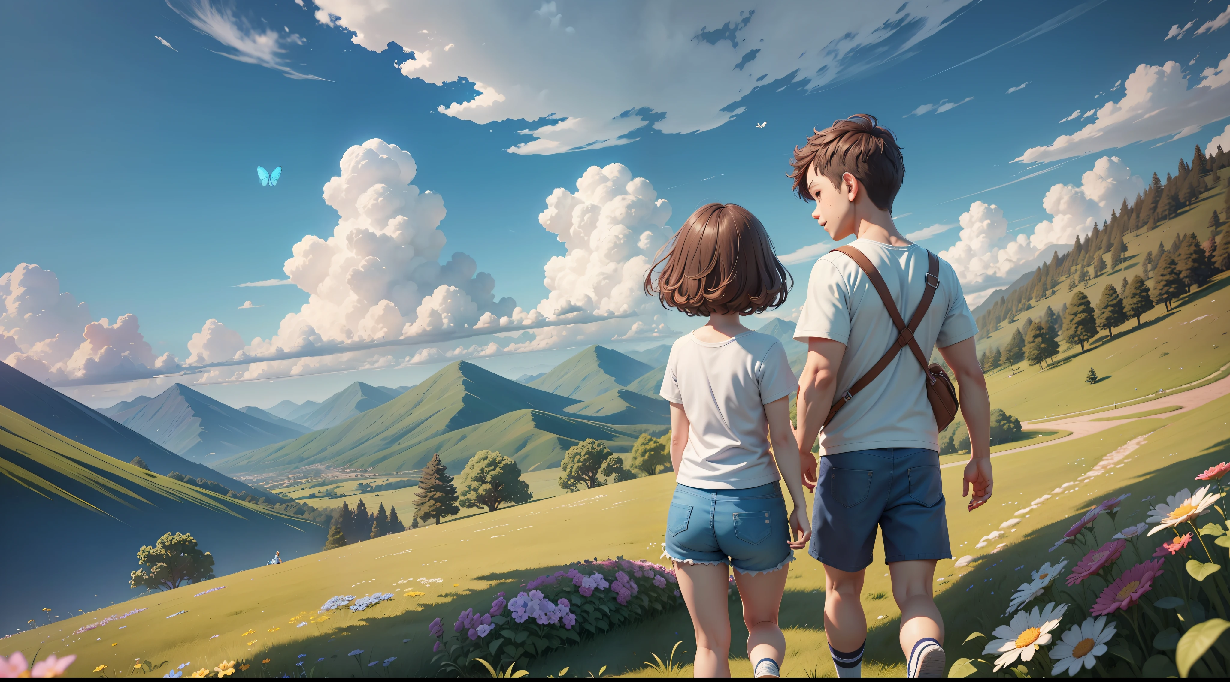 Blue sky, white clouds, mountains and forests in the distance, colorful flowers, butterflies, 1 boy and 1 girl on the grass, white top, shorts, sneakers, smile, panorama, full body, very detailed, best quality, 4K, cinematic lighting effects,