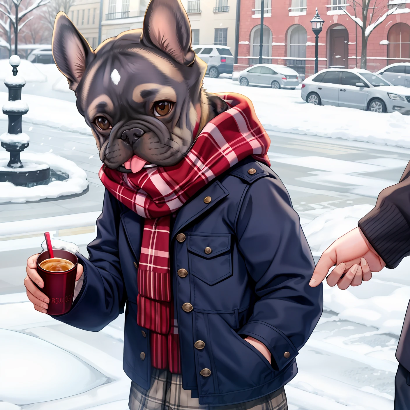 French bulldog by brown spotted with cold and cold clothes