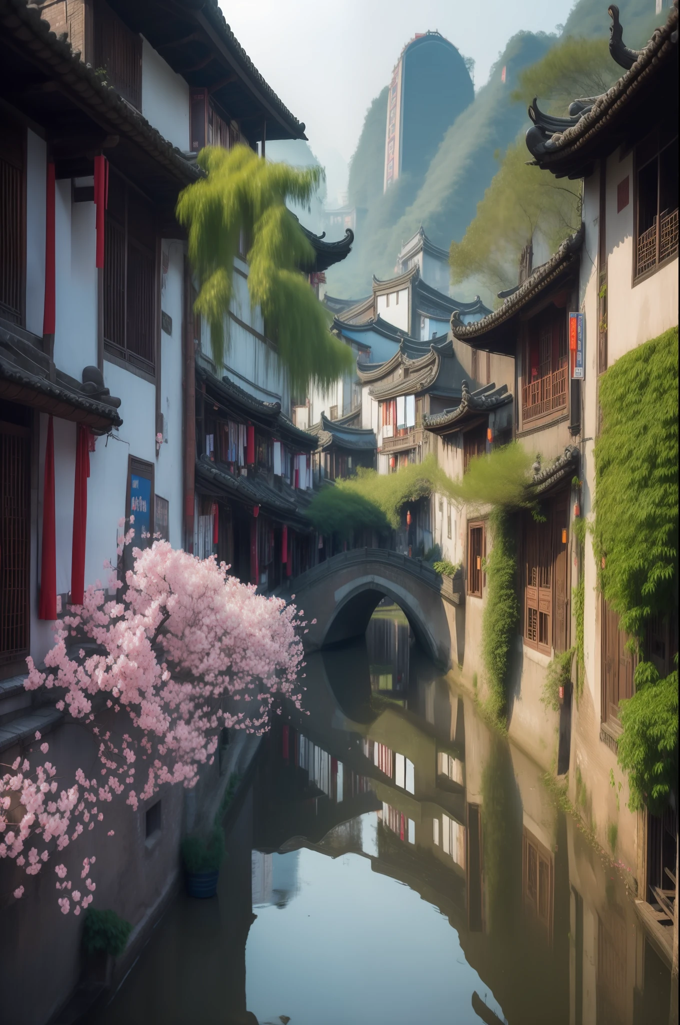 Jiangnan ancient town, the roads on both sides grow flowers, colorful, very beautiful, quiet, ultra-clear picture quality, ultra-high definition, ultra-high resolution, 16k