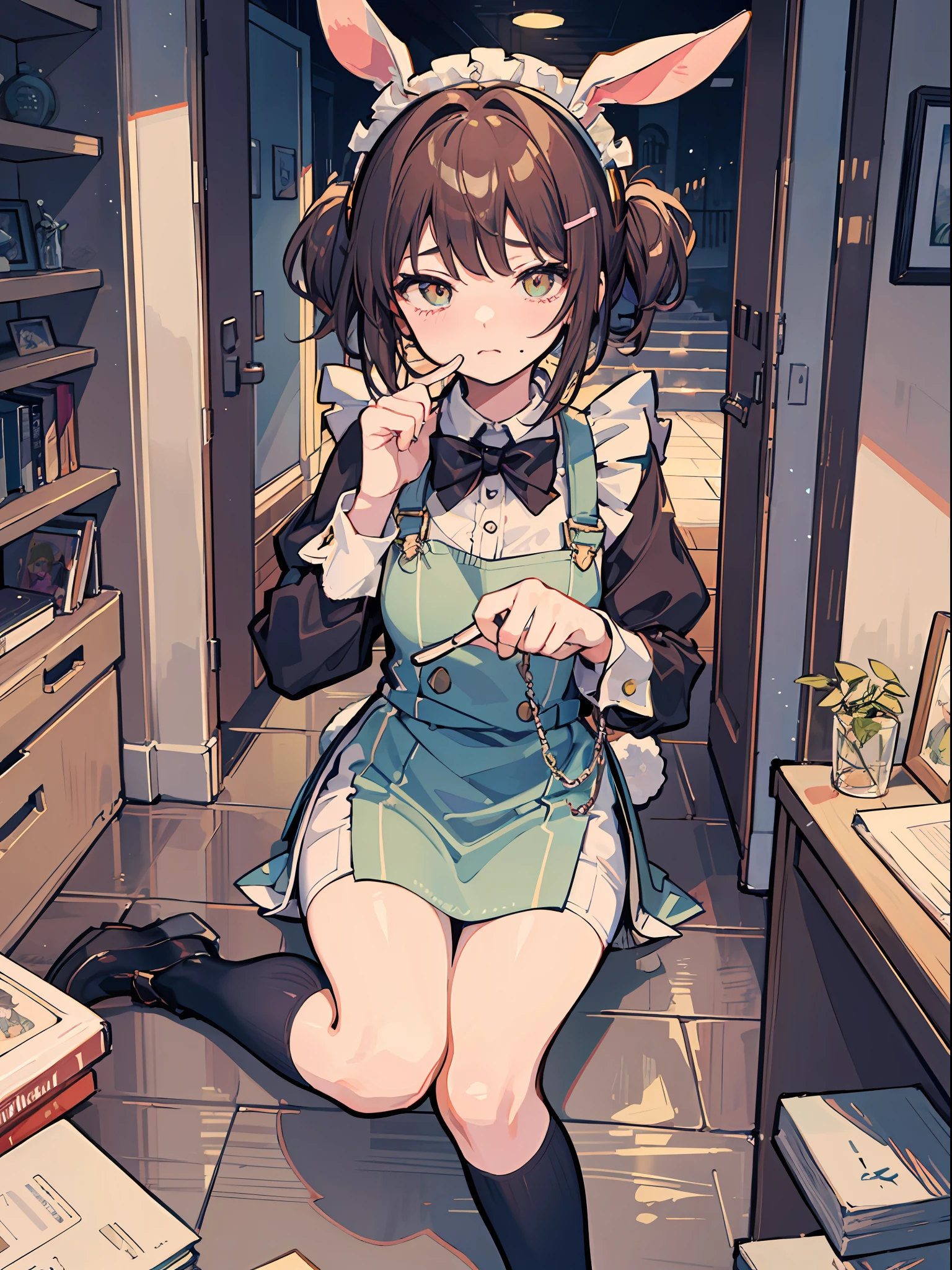 This illustration shows a girl sitting on the floor,She transforms into the image of a bunny girl,The illustration presents a very detailed cover art effect。The scene is depicted very delicately。She is dressed in a role-play costume in a maid costume,The whole gives a sense of innocence,There is a love motif in the picture,The overall picture has a jagged edge effect,Taken together,This illustration creates a naïve scene,Featuring the image of a bunny girl,And mixed with elements of Lovecraft, Embarrassing face Embarrassed cheeks turning red Startled surprise