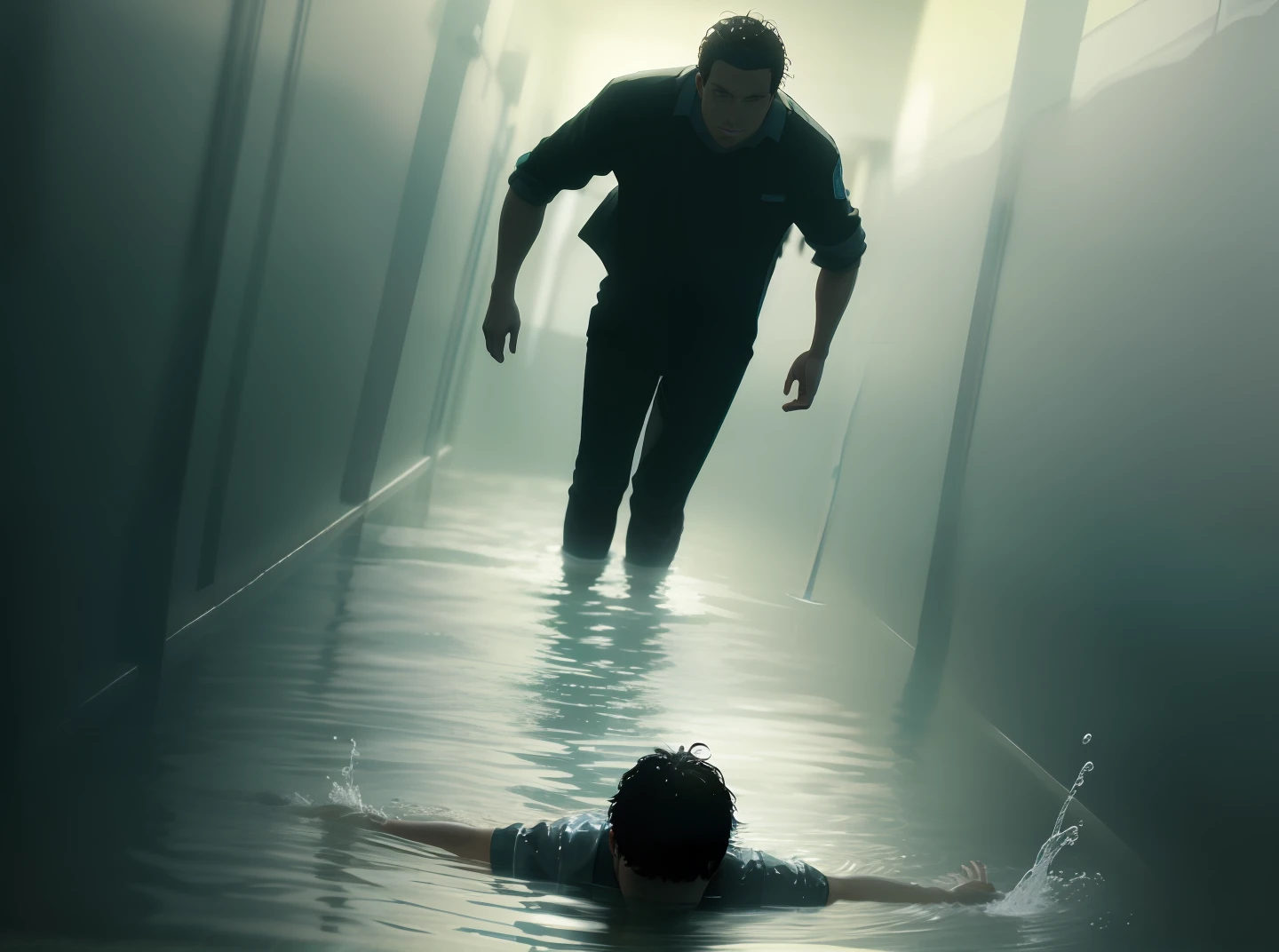 3D,Animation quality,Inside the aisle,stagnant water,The man waded through the water,There was a kid swimming in the water,sombras escuras,3d anime,Anime realistic style