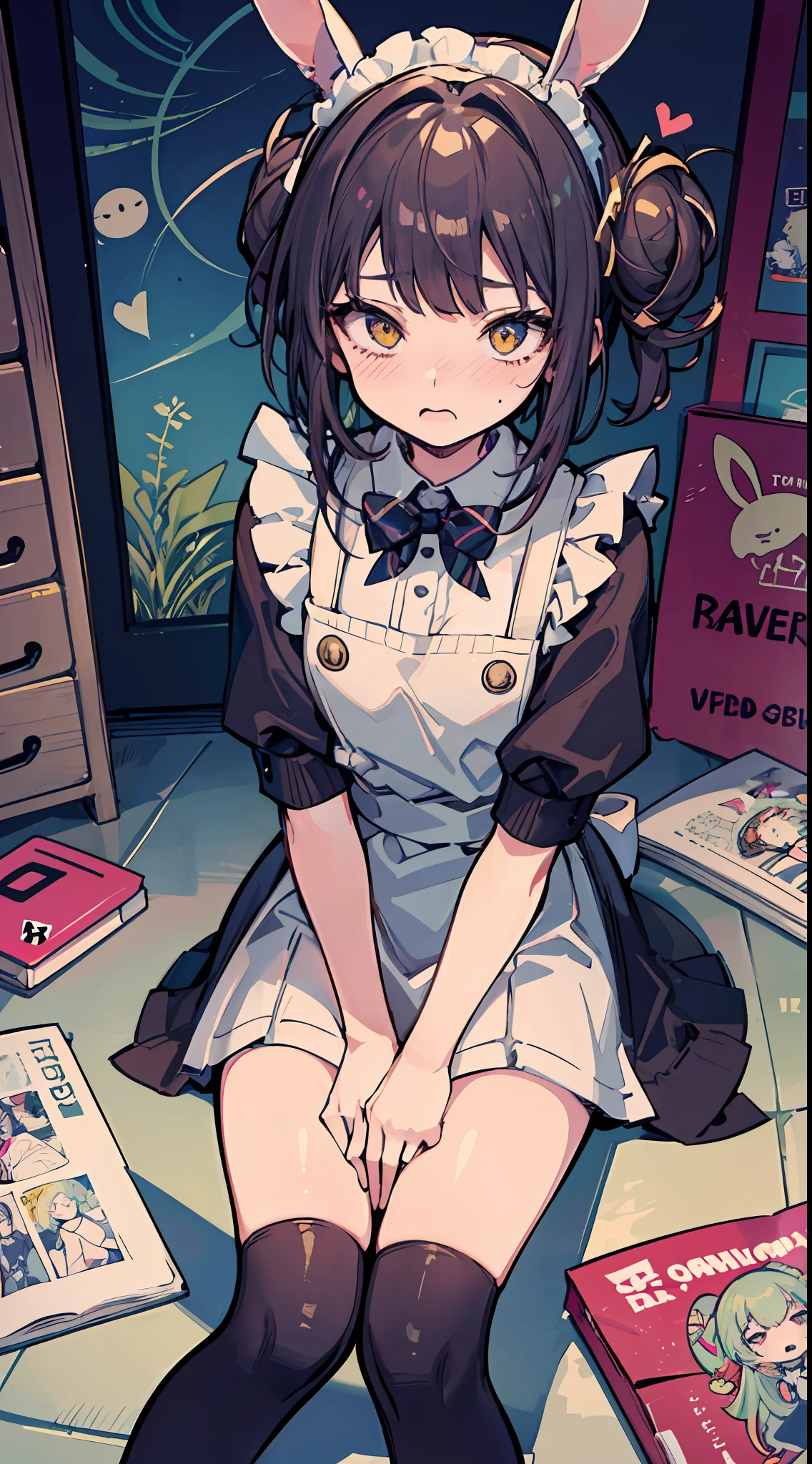 This illustration shows a girl sitting on the floor,She transforms into the image of a bunny girl,The illustration presents a very detailed cover art effect。The scene is depicted very delicately。She is dressed in a role-play costume in a maid costume,The whole gives a sense of innocence,There is a love motif in the picture,The overall picture has a jagged edge effect,Taken together,This illustration creates a naïve scene,Featuring the image of a bunny girl,And mixed with elements of Lovecraft, Embarrassing face Embarrassed cheeks turning red Startled surprise