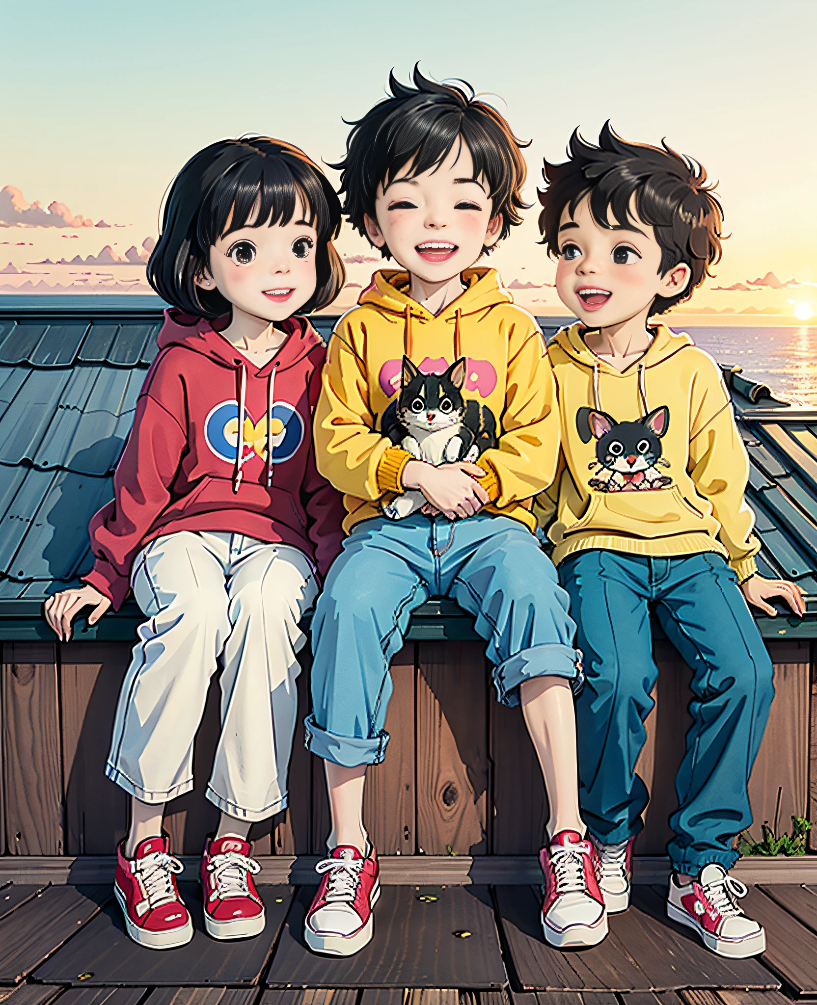 Two happy  boys and a littlesat on the roof, taking full body photos and laughing happily. The boy wore a yellow short Sweatshirt, red sneakers, and the girl wore a white sweatshirt, jeans, white sneakers, black hair, a house, flowers, Hayao Miyazaki and other small animals. A happy little boy wround face, big eyes, long eyelashes, sunset and sunset,