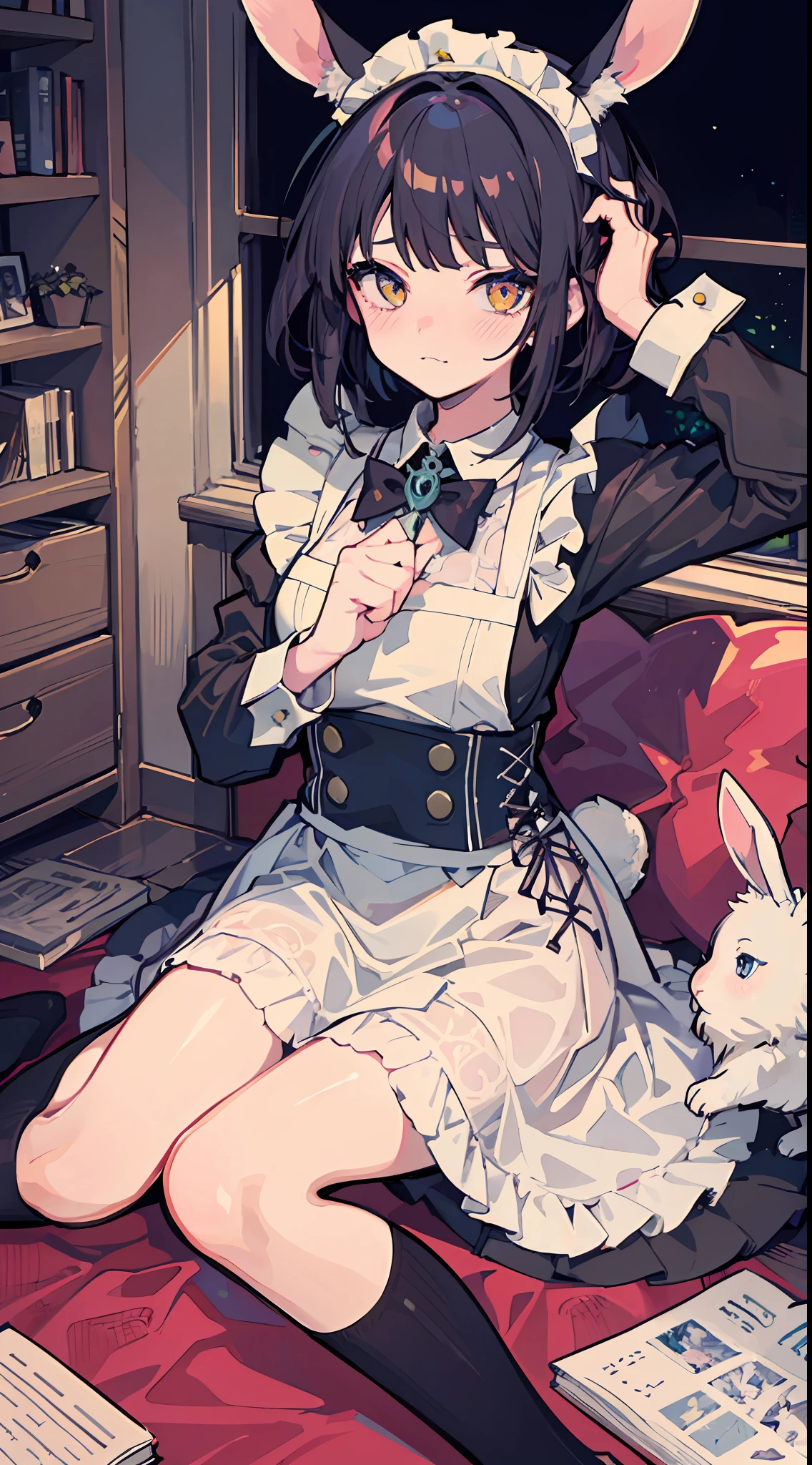This illustration shows a girl sitting on the floor,She transforms into the image of a bunny girl,The illustration presents a very detailed cover art effect。The scene is depicted very delicately。She is dressed in a role-play costume in a maid costume,The whole gives a sense of innocence,There is a love motif in the picture,The overall picture has a jagged edge effect,Taken together,This illustration creates a naïve scene,Featuring the image of a bunny girl,And mixed with elements of Lovecraft, Embarrassing face Embarrassed cheeks turning red Startled surprise