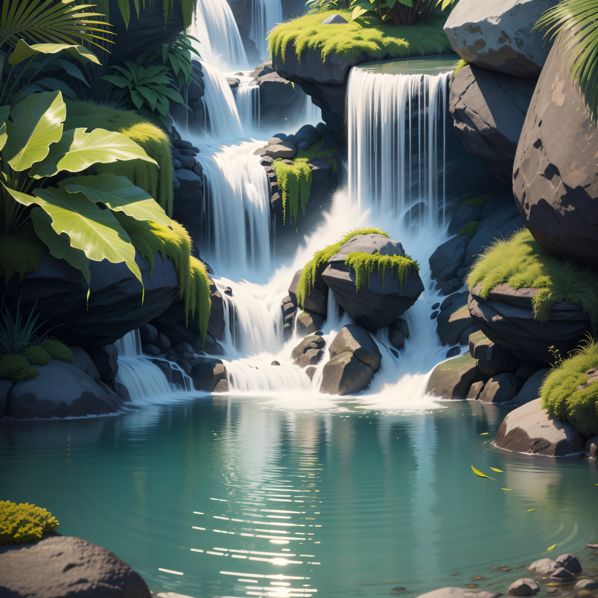 sunny tropical jungle vivid colors asymmetrical waterfall into shallow pool rough chiseled large moss covered boulders (colorful plants:1.2) volumetric fog high contrast
(masterpiece:1.2) (flat vector illustration:1.1) (best quality:1.2) (detailed) (intricate) (8k) (HDR) (wallpaper) (cinematic lighting) (sharp focus)