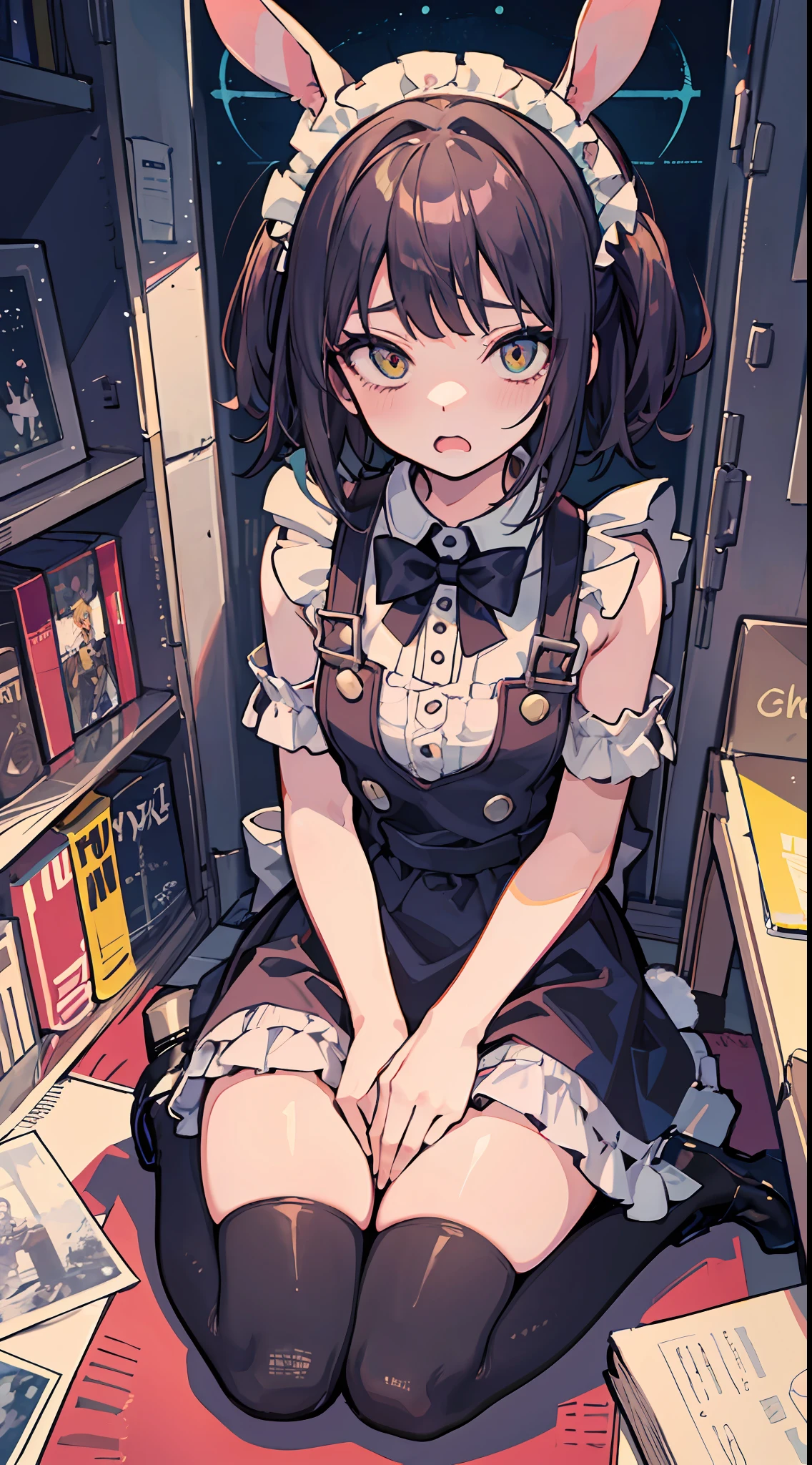 This illustration shows a girl sitting on the floor，She transforms into the image of a bunny girl，The illustration presents a very detailed cover art effect。The scene is depicted very delicately。She is dressed in a role-play costume in a maid costume，The whole gives a sense of innocence，There is a love motif in the picture，The overall picture has a jagged edge effect，Taken together，This illustration creates a naïve scene，Featuring the image of a bunny girl，And mixed with elements of Lovecraft， Embarrassing face　Embarrassed cheeks turning red　Startled　surprise