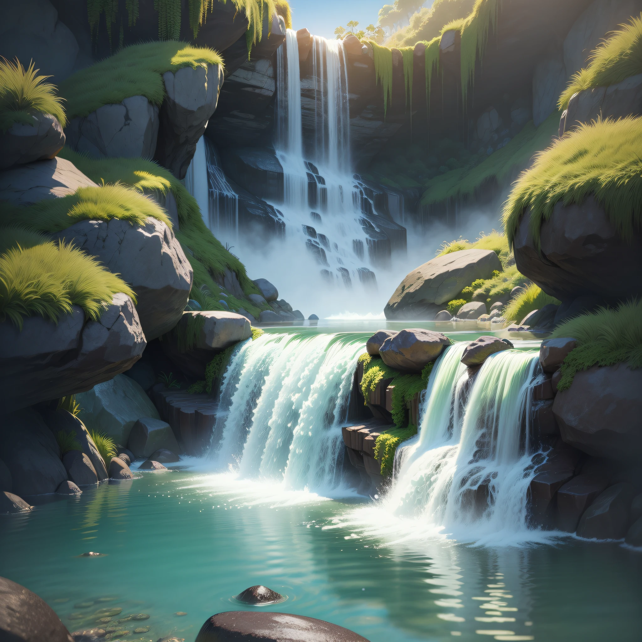 sunny tropical jungle vivid colors asymmetrical waterfall into shallow pool rough chiseled large moss covered boulders (colorful plants:1.2) volumetric fog high contrast
(masterpiece:1.2) (flat vector illustration:1.1) (best quality:1.2) (detailed) (intricate) (8k) (HDR) (wallpaper) (cinematic lighting) (sharp focus)