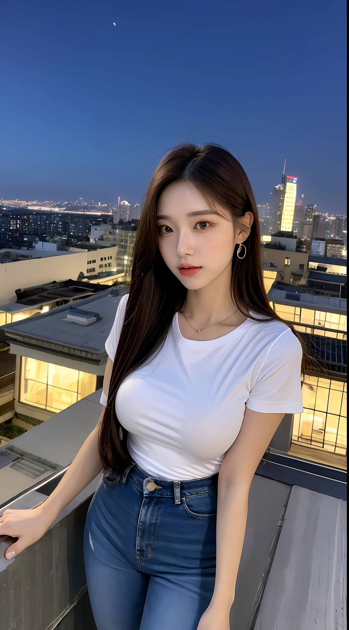 ((Midnight, Best quality, 8k, Masterpiece :1.3)), Whole body, Long legs, Sharp focus :1.2, A pretty woman with perfect figure :1.4, Slender abs :1.1, ((Dark brown hair, Big breasts :1.2)), (White tight tshirt, Jean bib, Standing:1.2), ((Night city view, Rooftop:1.3)), Highly detailed face and skin texture, Detailed eyes, Double eyelid